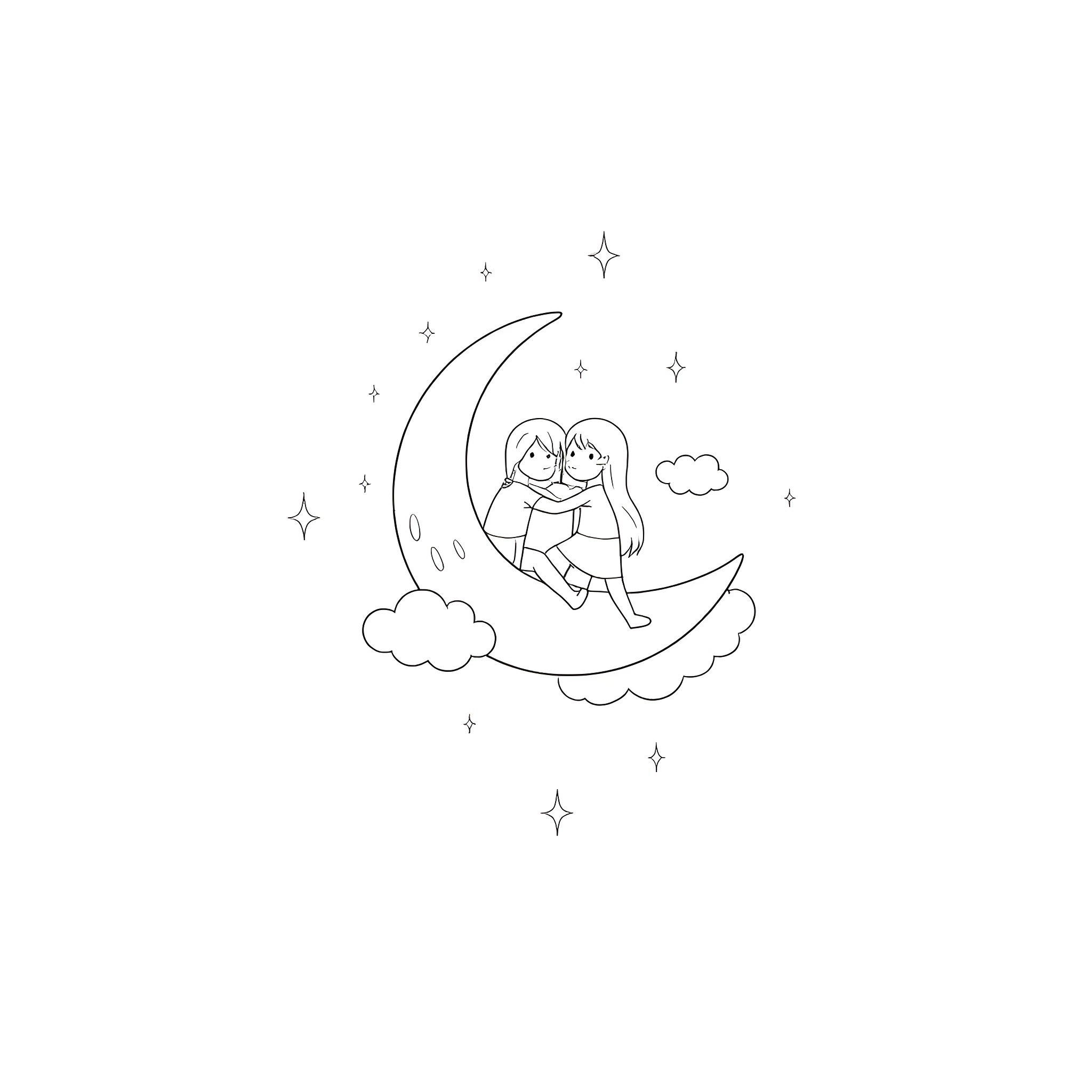 Moon and friends sharing a tender moment Coloring Page (free black-and-white line drawing printable PDF for all, from beginners to advanced learners, including children, teens, adults, and seniors)