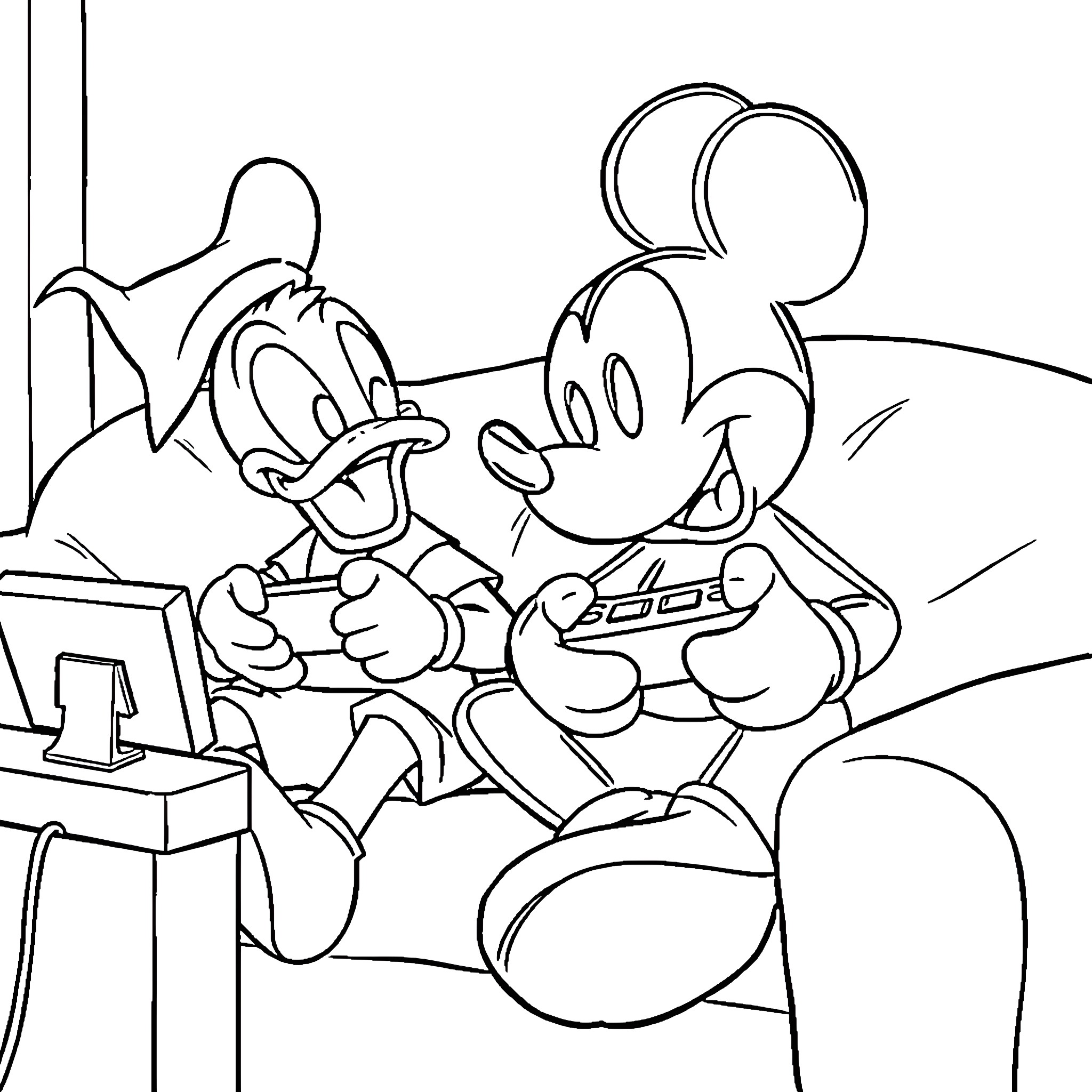 Mickey Mouse and friend playing video games Coloring Page (free black-and-white line drawing printable PDF for all, from beginners to advanced learners, including children, teens, adults, and seniors)