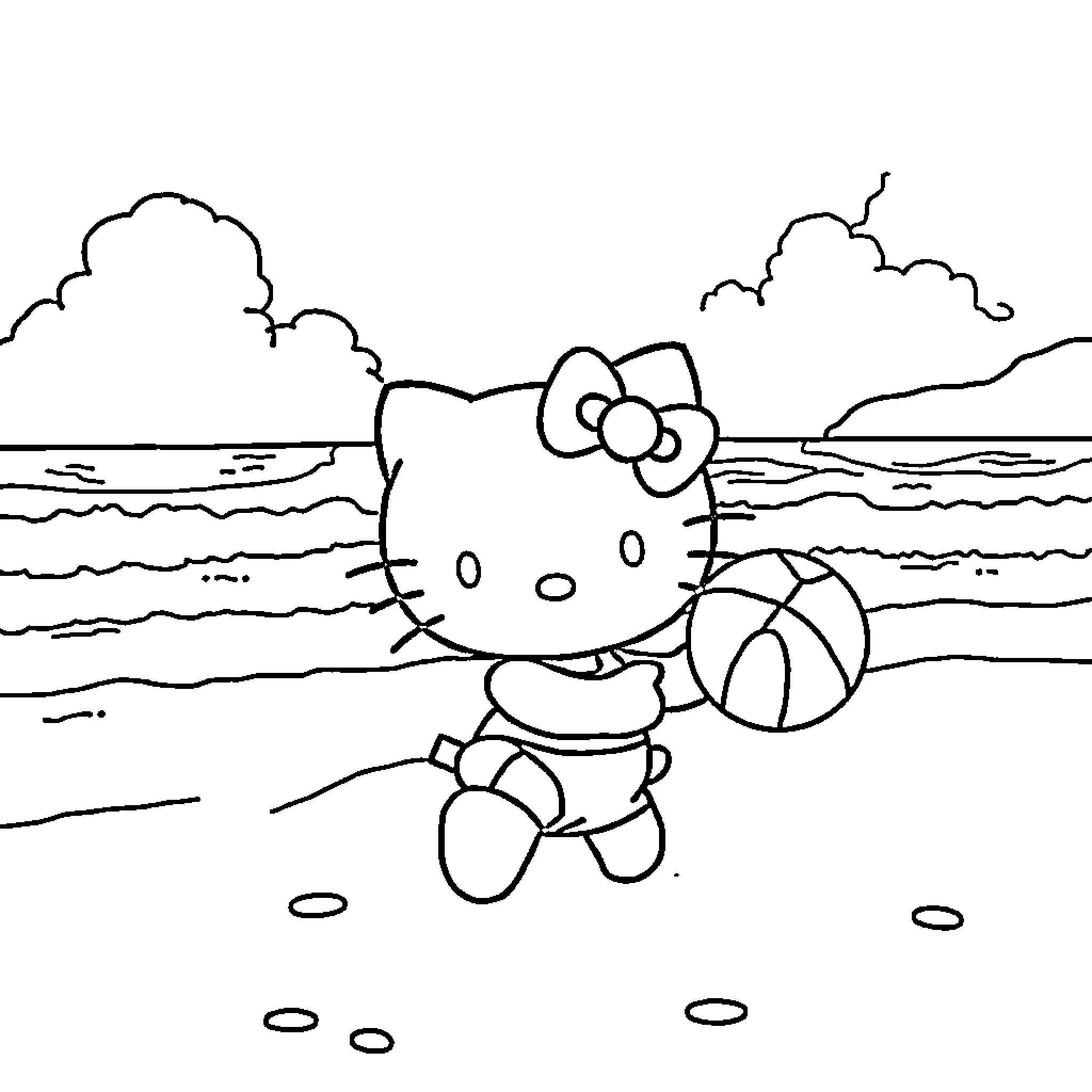 Hello Kitty playing with beach ball on the shore Coloring Page (free black-and-white line drawing printable PDF for all, from beginners to advanced learners, including children, teens, adults, and seniors)