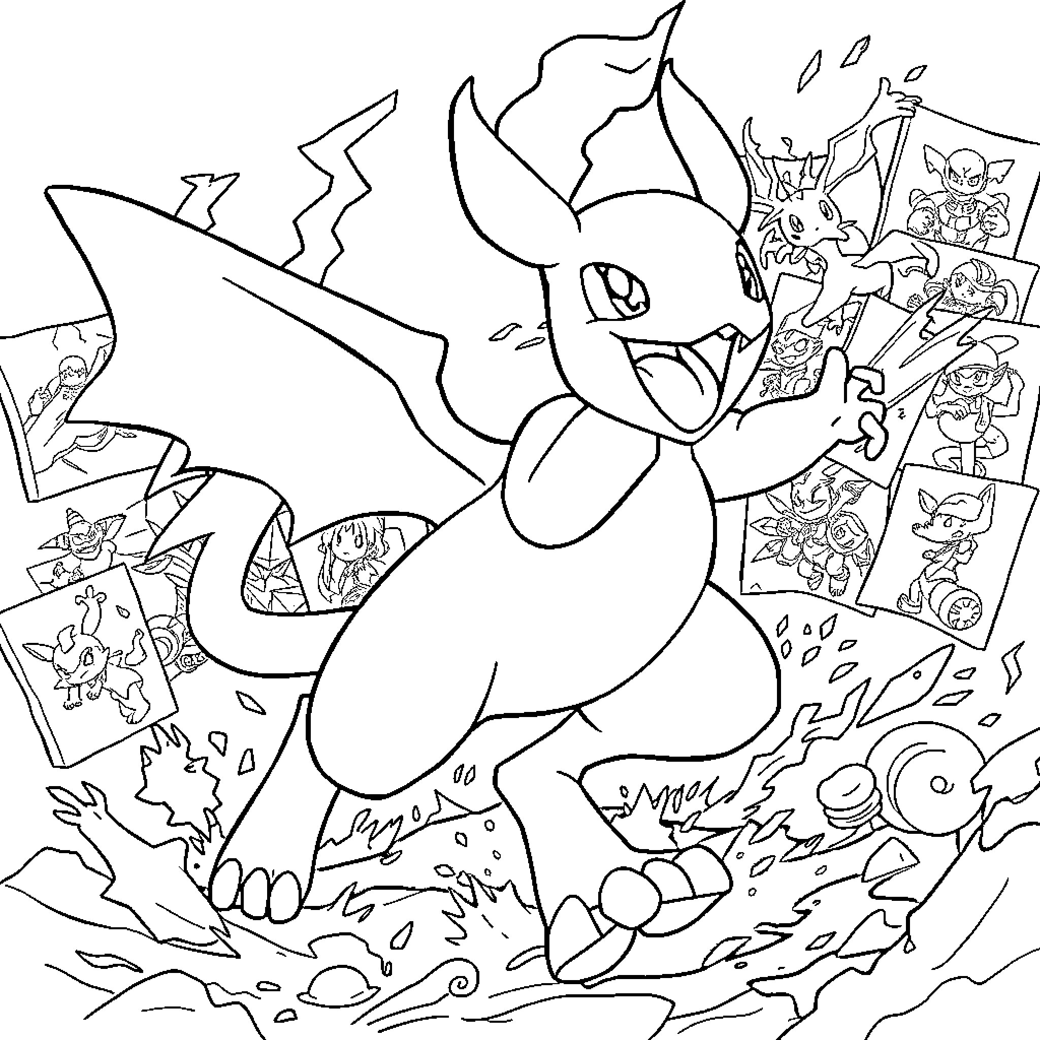 Pokémon character in an energetic battle scene Coloring Page (free black-and-white line drawing printable PDF for all, from beginners to advanced learners, including children, teens, adults, and seniors)