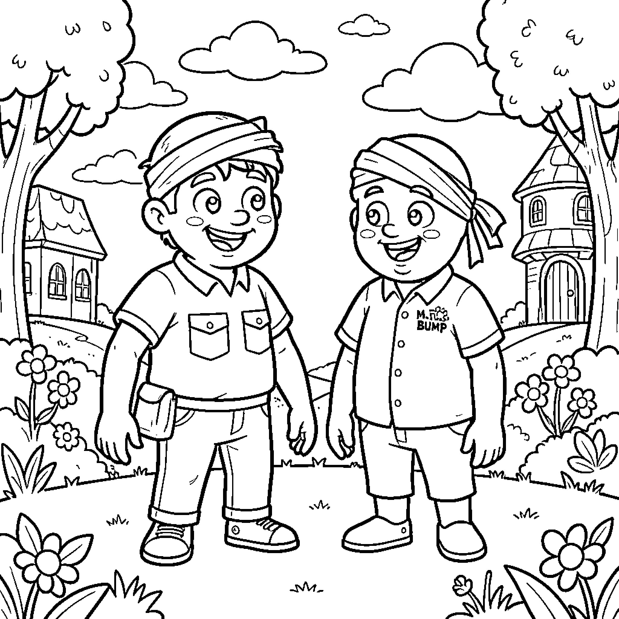 Mr. Men Camping Adventure in the Forest Coloring Page (free black-and-white line drawing printable PDF for all, from beginners to advanced learners, including children, teens, adults, and seniors)