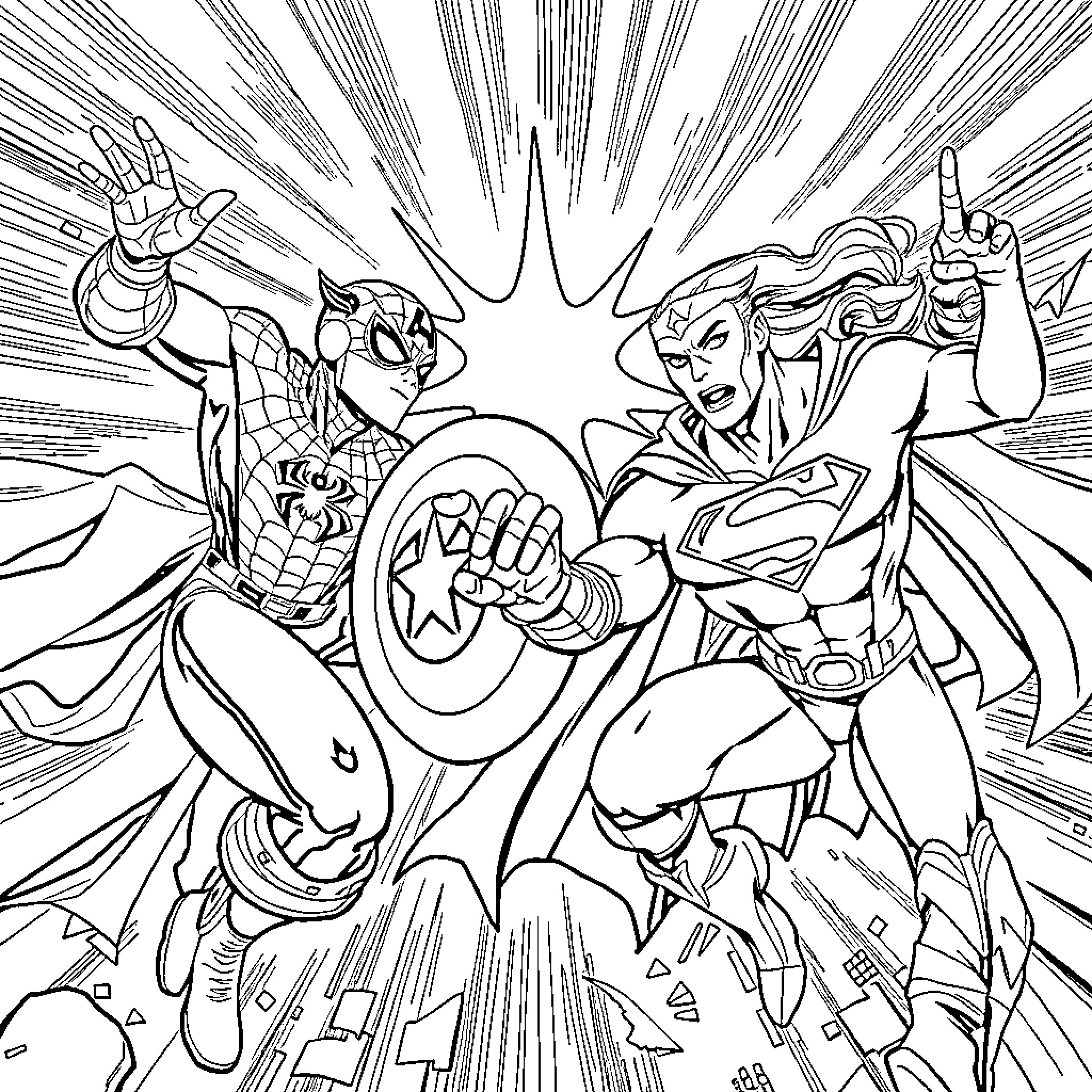 Superhero Clash: Explosive Confrontation Coloring Page (free black-and-white line drawing printable PDF for all, from beginners to advanced learners, including children, teens, adults, and seniors)
