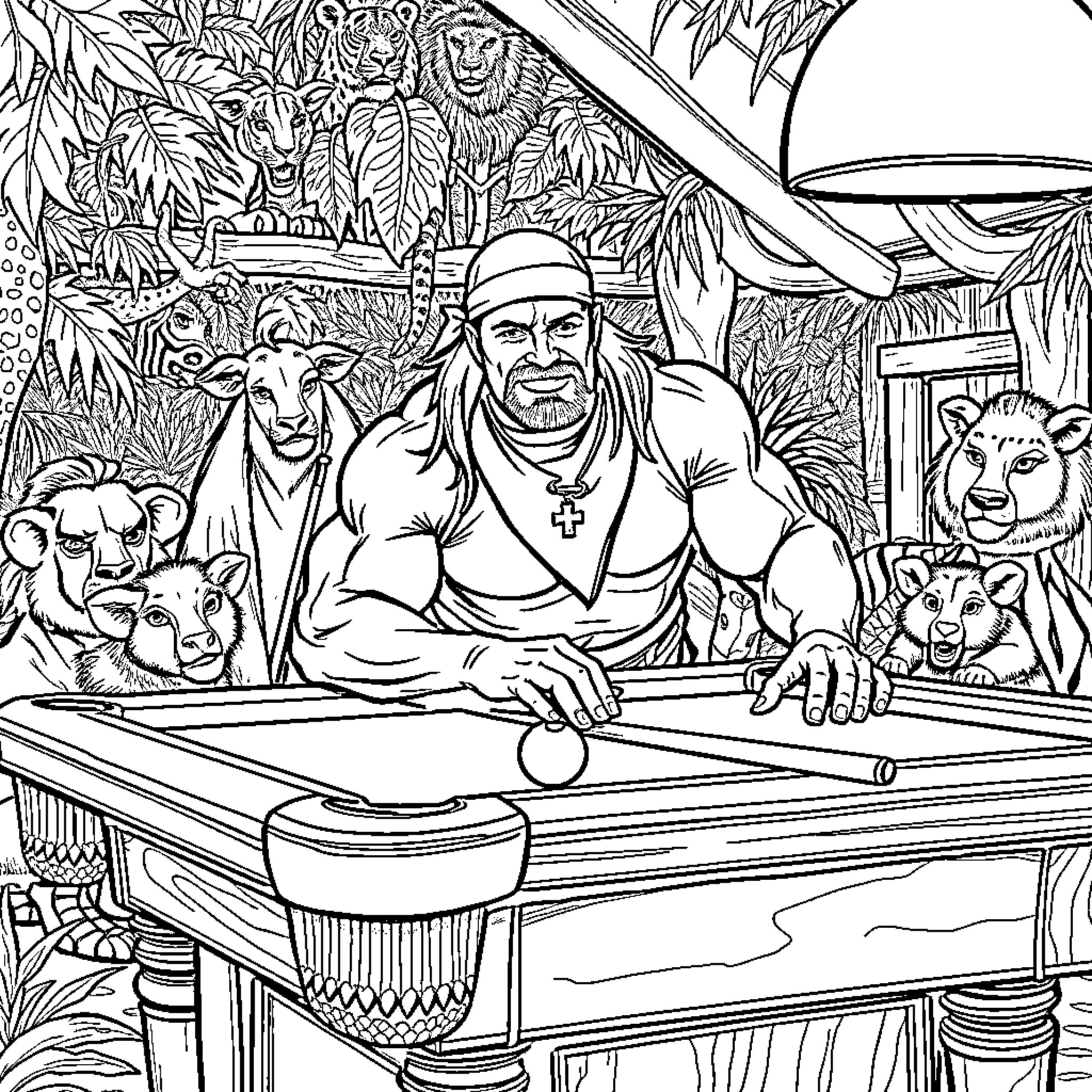 Hulk Hogan's Wild Jungle Pool Party Coloring Page (free black-and-white line drawing printable PDF for all, from beginners to advanced learners, including children, teens, adults, and seniors)