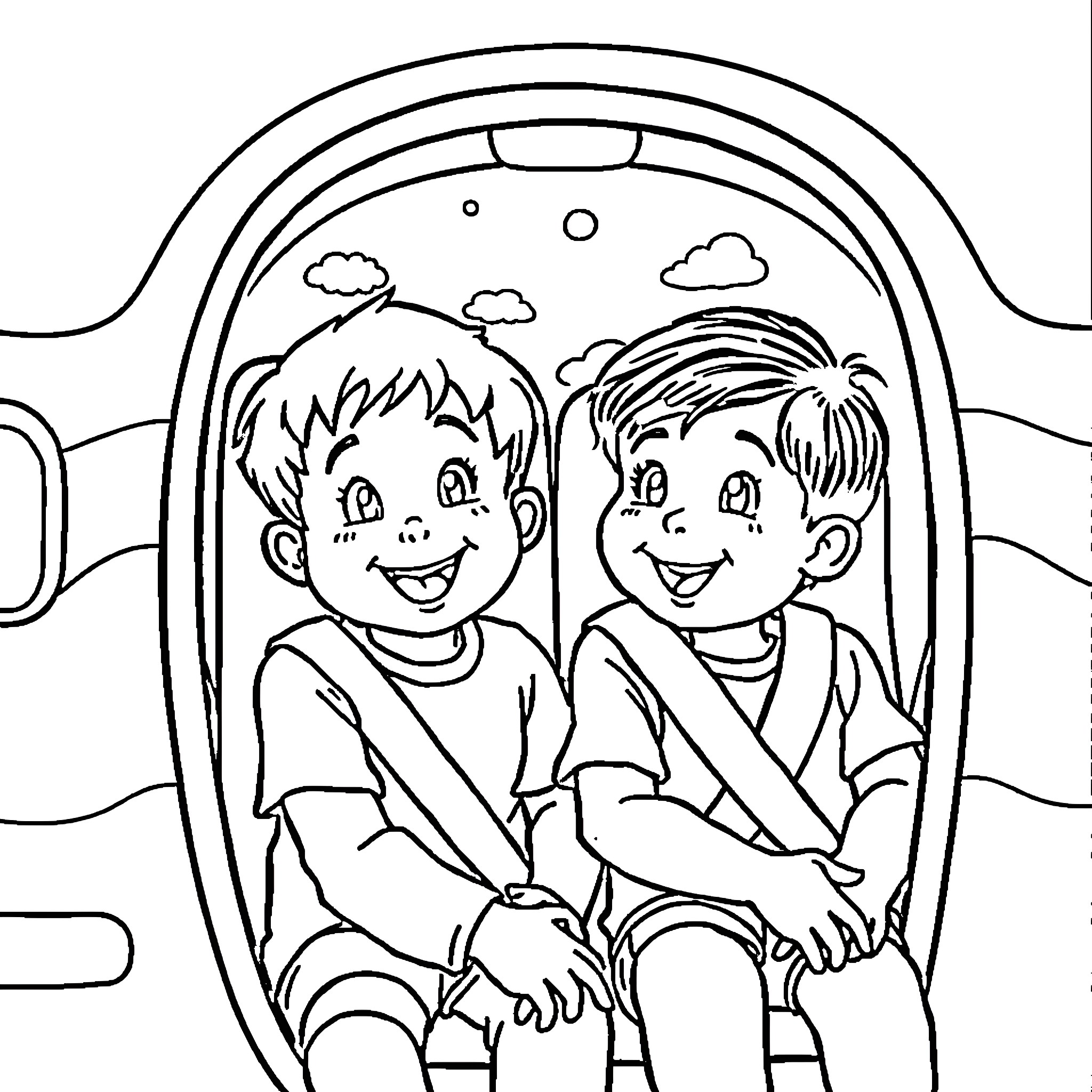 Kid friends riding together in a vehicle Coloring Page (free black-and-white line drawing printable PDF for all, from beginners to advanced learners, including children, teens, adults, and seniors)
