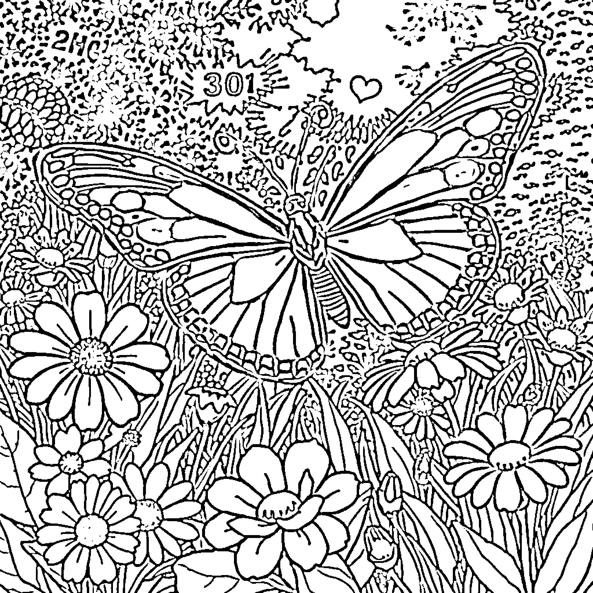 Butterfly in a Floral Garden Coloring Page (free black-and-white line drawing printable PDF for all, from beginners to advanced learners, including children, teens, adults, and seniors)