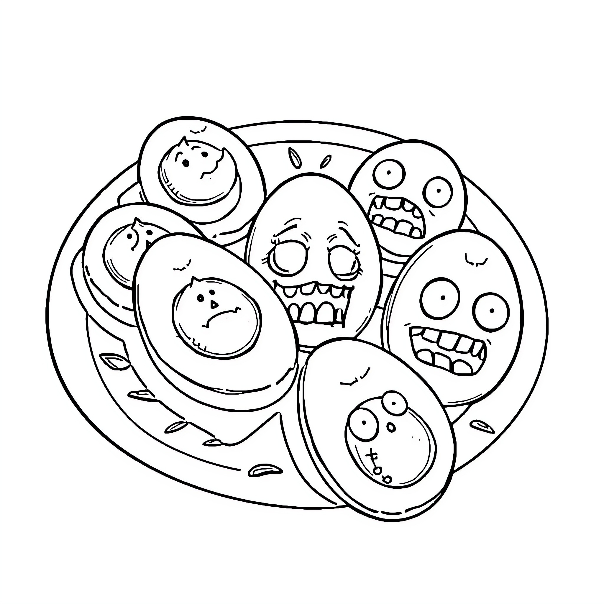 Zombie Faces with Quirky Expressions and Designs Coloring Page (free black-and-white line drawing printable PDF for all, from beginners to advanced learners, including children, teens, adults, and seniors)
