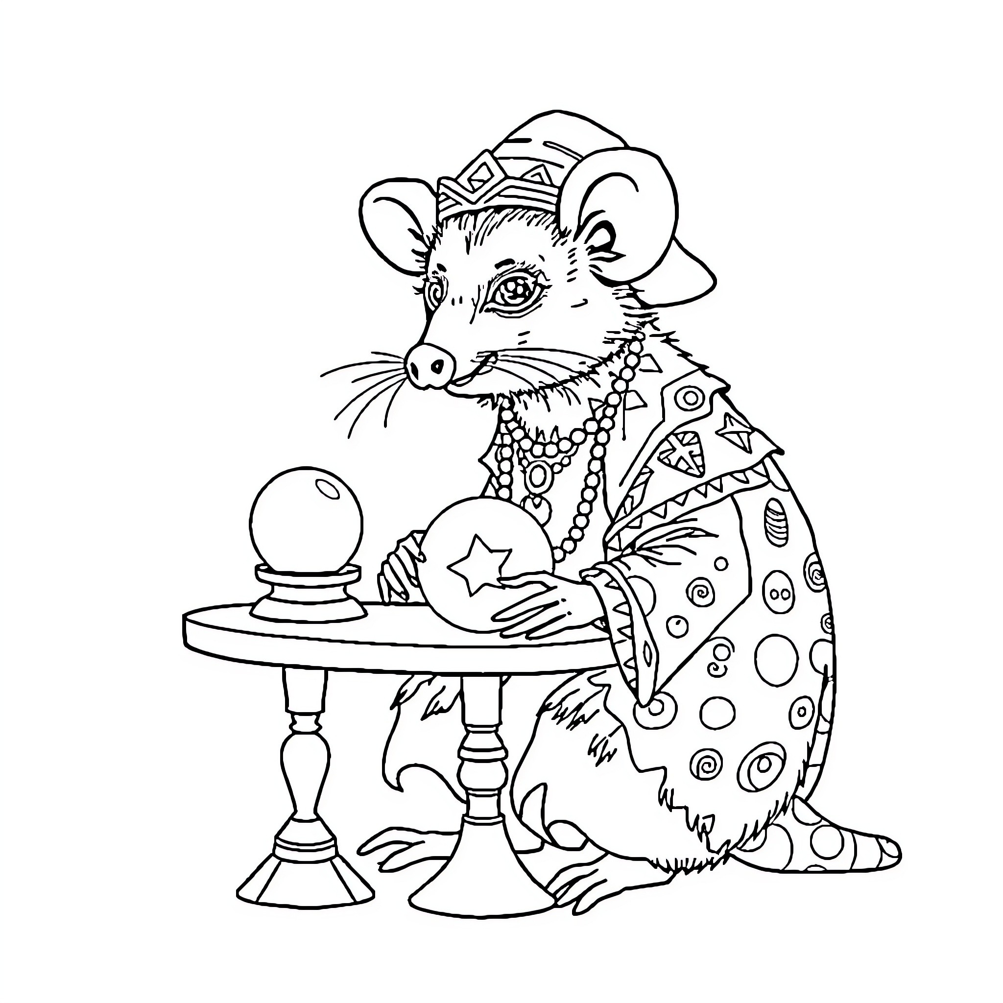 Opossum fortune teller with magical orb Coloring Page (free black-and-white line drawing printable PDF for all, from beginners to advanced learners, including children, teens, adults, and seniors)
