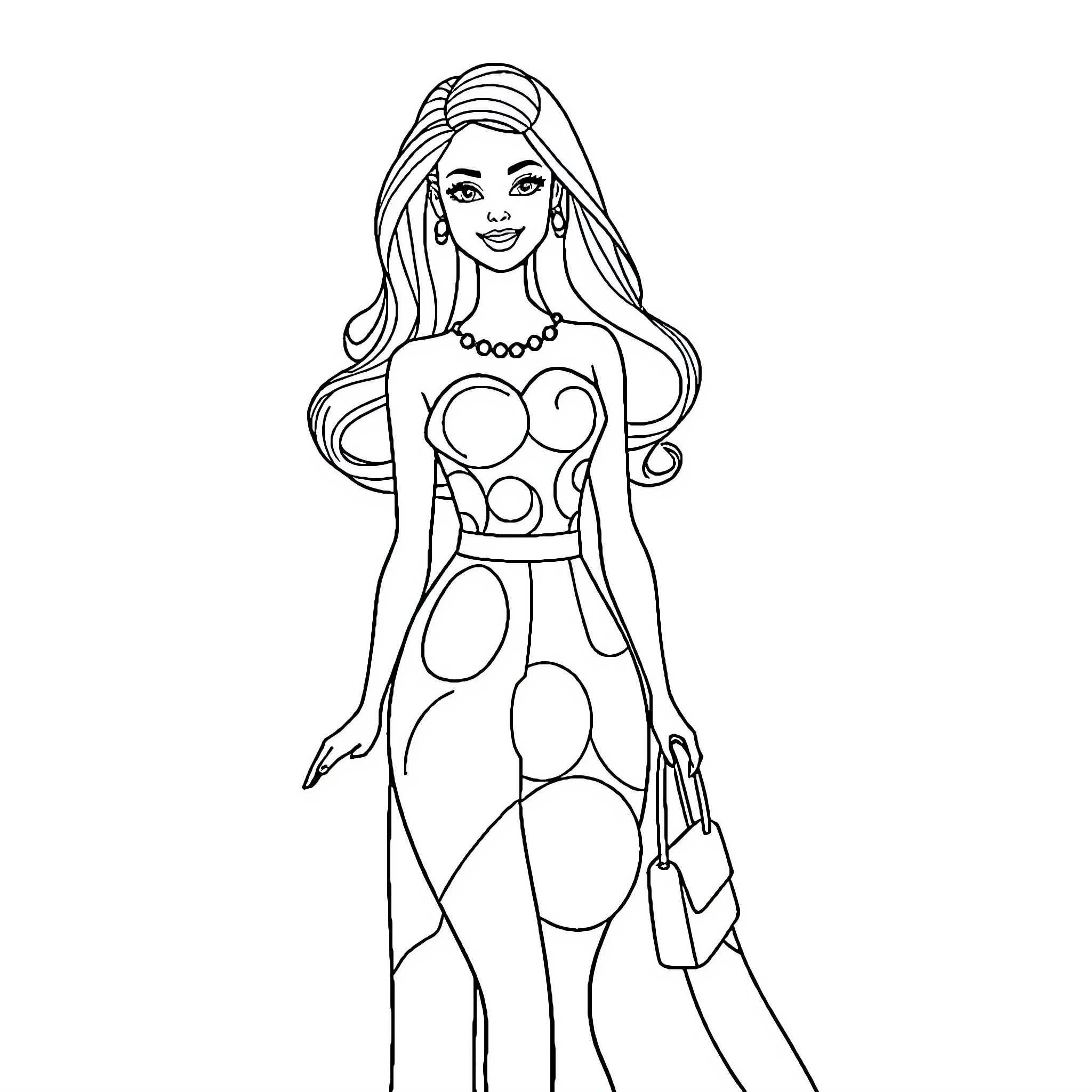 Barbie doll in stylish polka dot dress Coloring Page (free black-and-white line drawing printable PDF for all, from beginners to advanced learners, including children, teens, adults, and seniors)