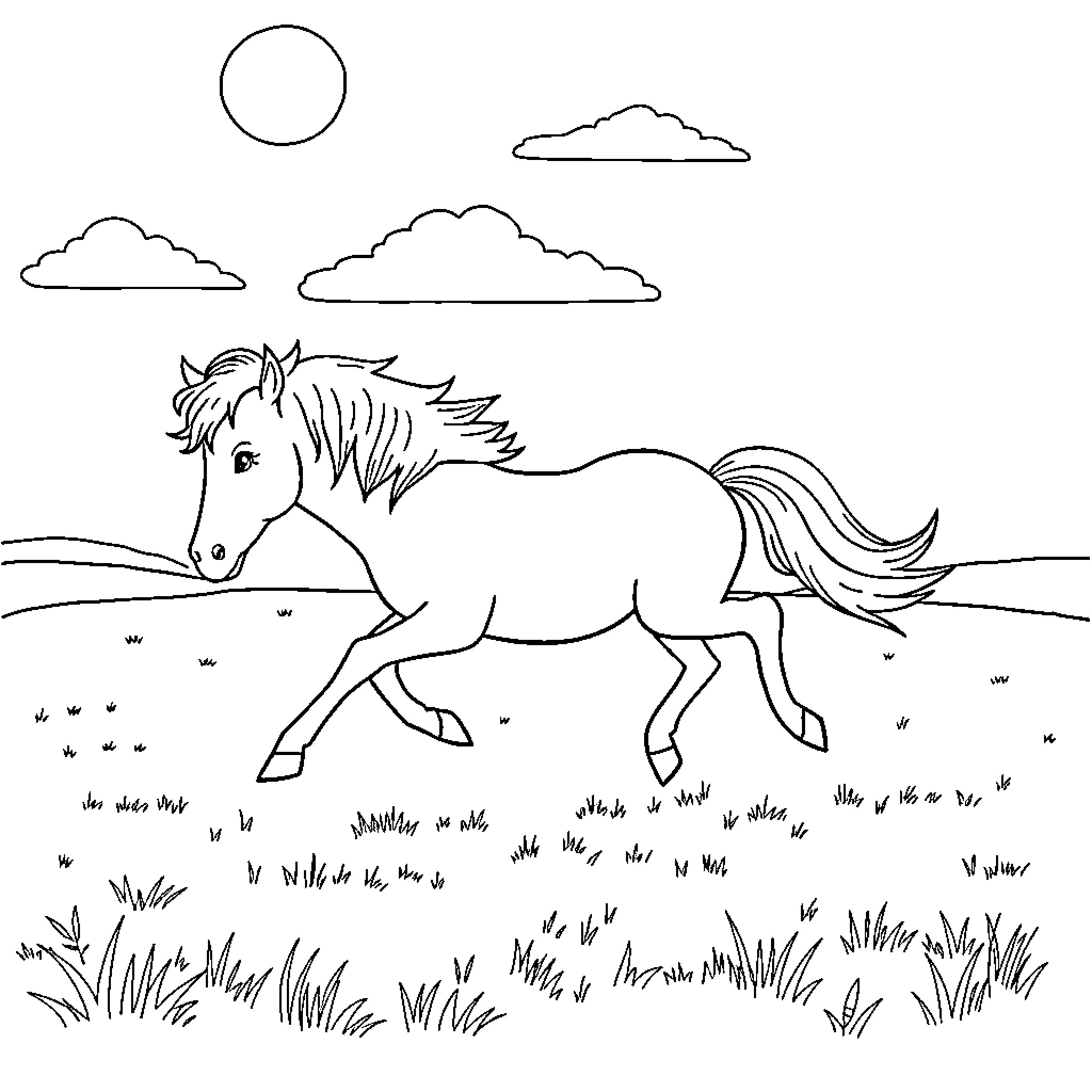 Pony galloping through a grassy meadow Coloring Page (free black-and-white line drawing printable PDF for all, from beginners to advanced learners, including children, teens, adults, and seniors)