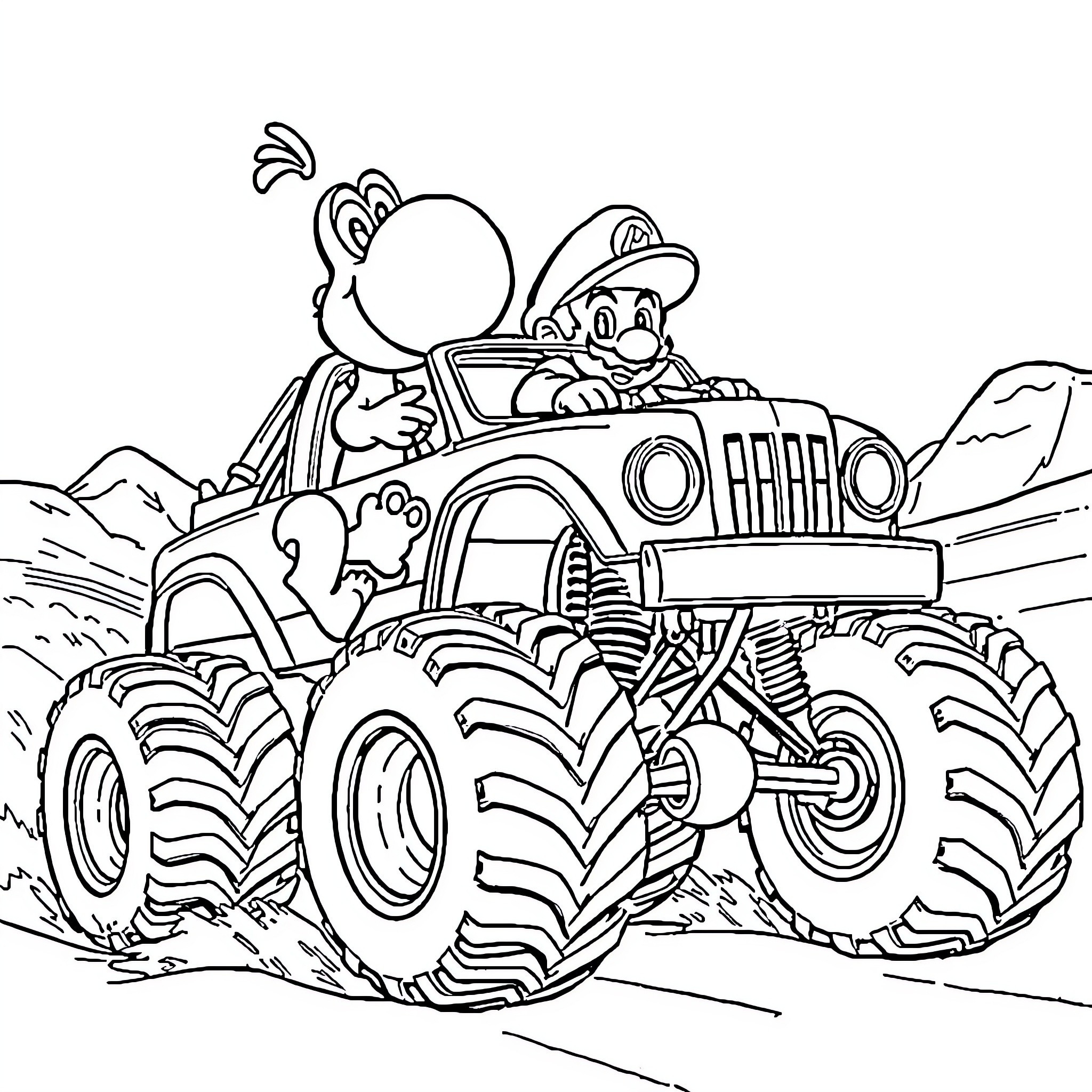 Chick Hicks driving a monster truck in the outdoors Coloring Page (free black-and-white line drawing printable PDF for all, from beginners to advanced learners, including children, teens, adults, and seniors)