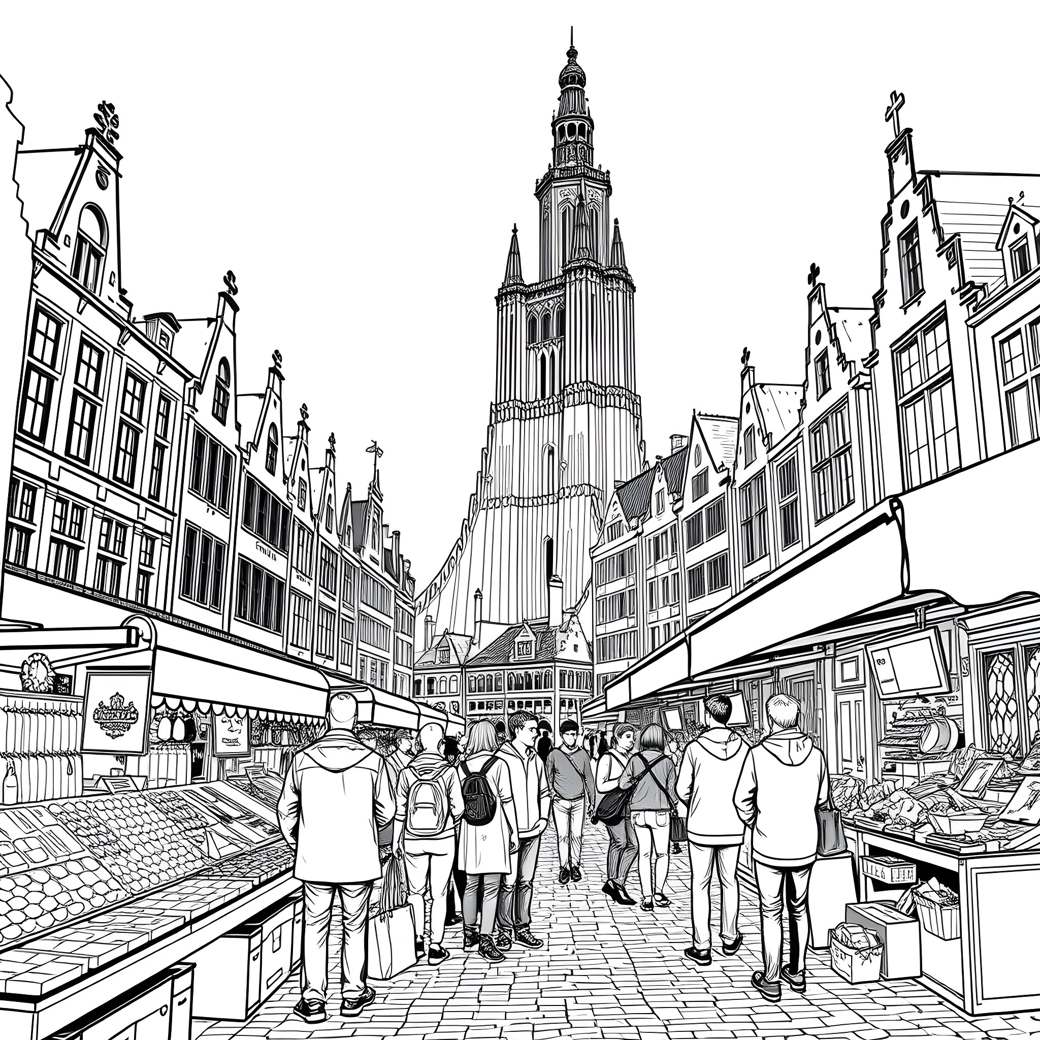 Antigoon's Vibrant Market Scene Coloring Page (free black-and-white line drawing printable PDF for all, from beginners to advanced learners, including children, teens, adults, and seniors)