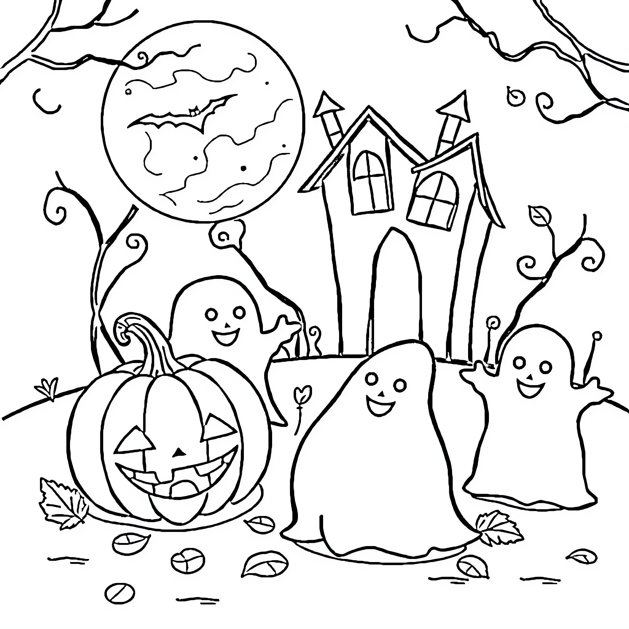 Halloween characters and haunted house scene Coloring Page (free black-and-white line drawing printable PDF for all, from beginners to advanced learners, including children, teens, adults, and seniors)