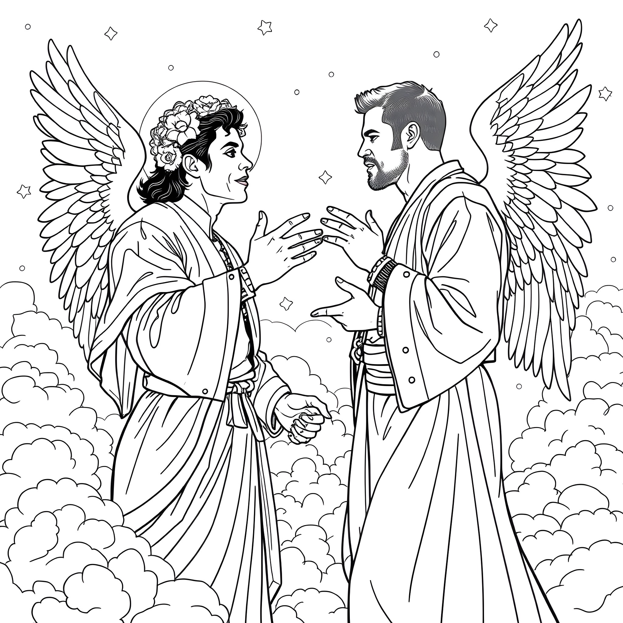 Angel Messenger's Celestial Encounter Coloring Page (free black-and-white line drawing printable PDF for all, from beginners to advanced learners, including children, teens, adults, and seniors)