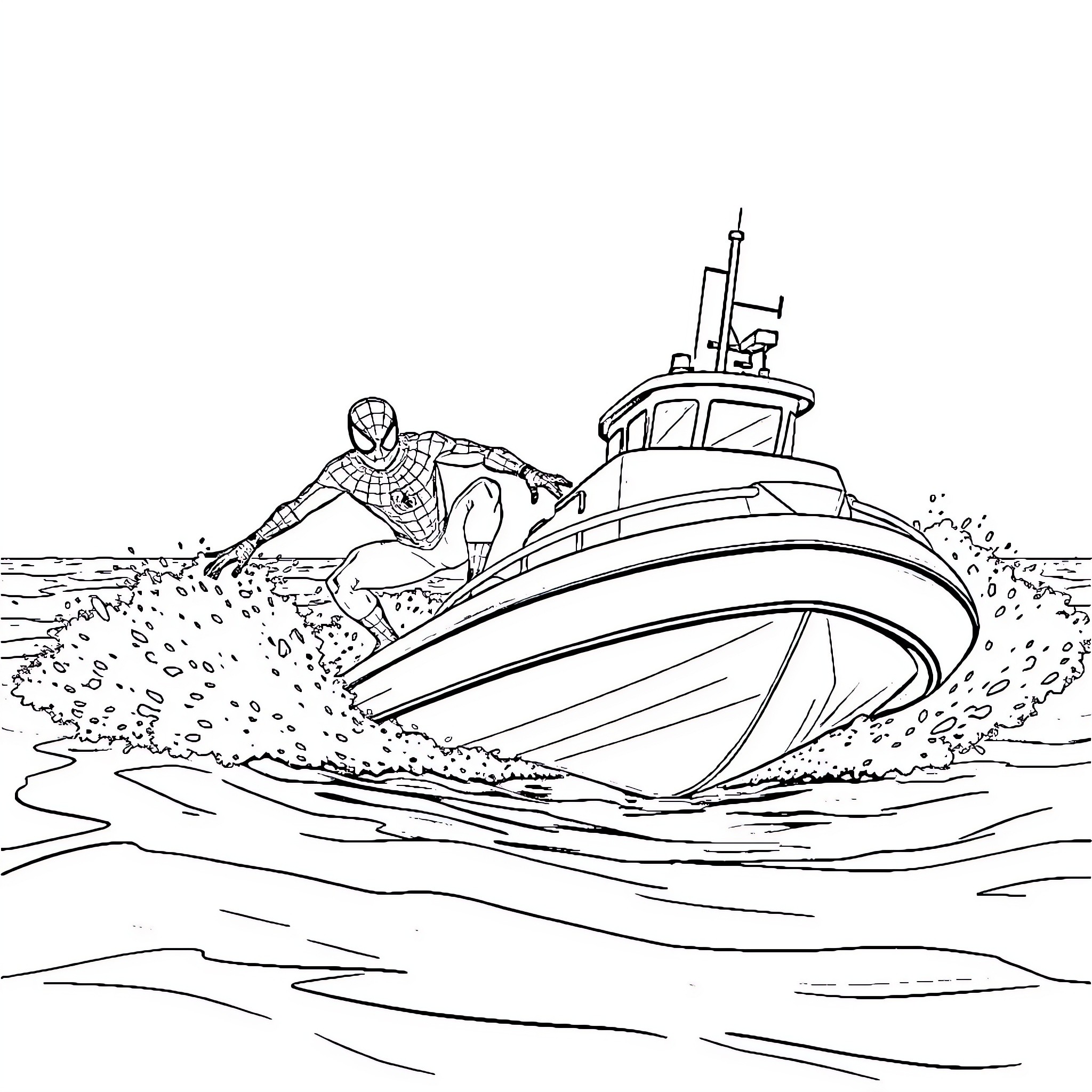 Spiderman rescuing people from a capsized boat Coloring Page (free black-and-white line drawing printable PDF for all, from beginners to advanced learners, including children, teens, adults, and seniors)