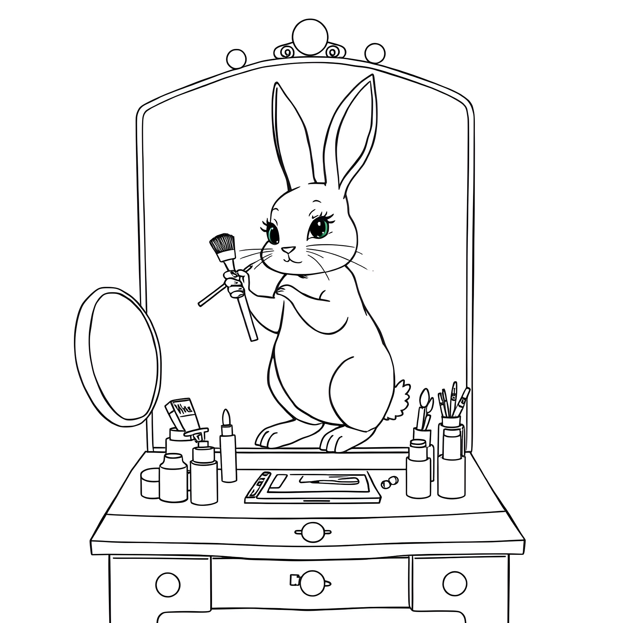 Rabbit Applying Makeup in Front of Mirror Coloring Page (free black-and-white line drawing printable PDF for all, from beginners to advanced learners, including children, teens, adults, and seniors)