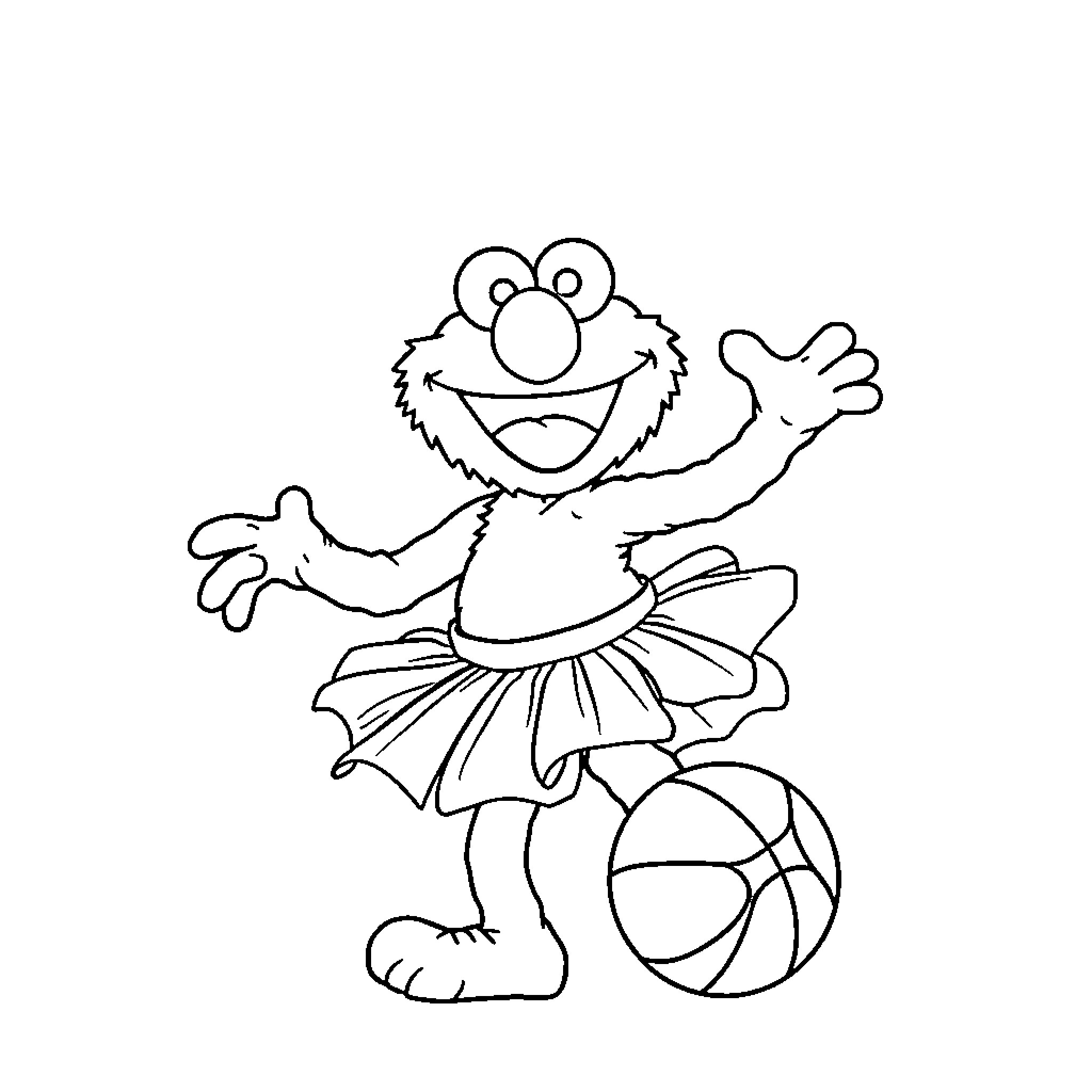 Elmo playing happily with ball in costume Coloring Page (free black-and-white line drawing printable PDF for all, from beginners to advanced learners, including children, teens, adults, and seniors)