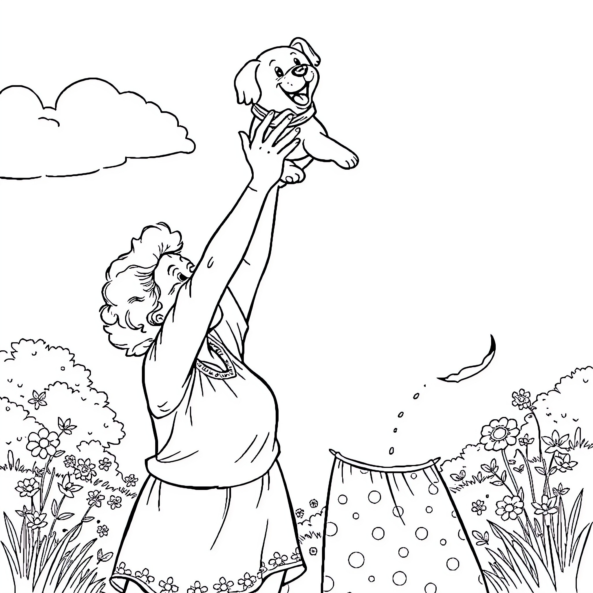 Grandmother lovingly playing with puppy in garden Coloring Page (free black-and-white line drawing printable PDF for all, from beginners to advanced learners, including children, teens, adults, and seniors)
