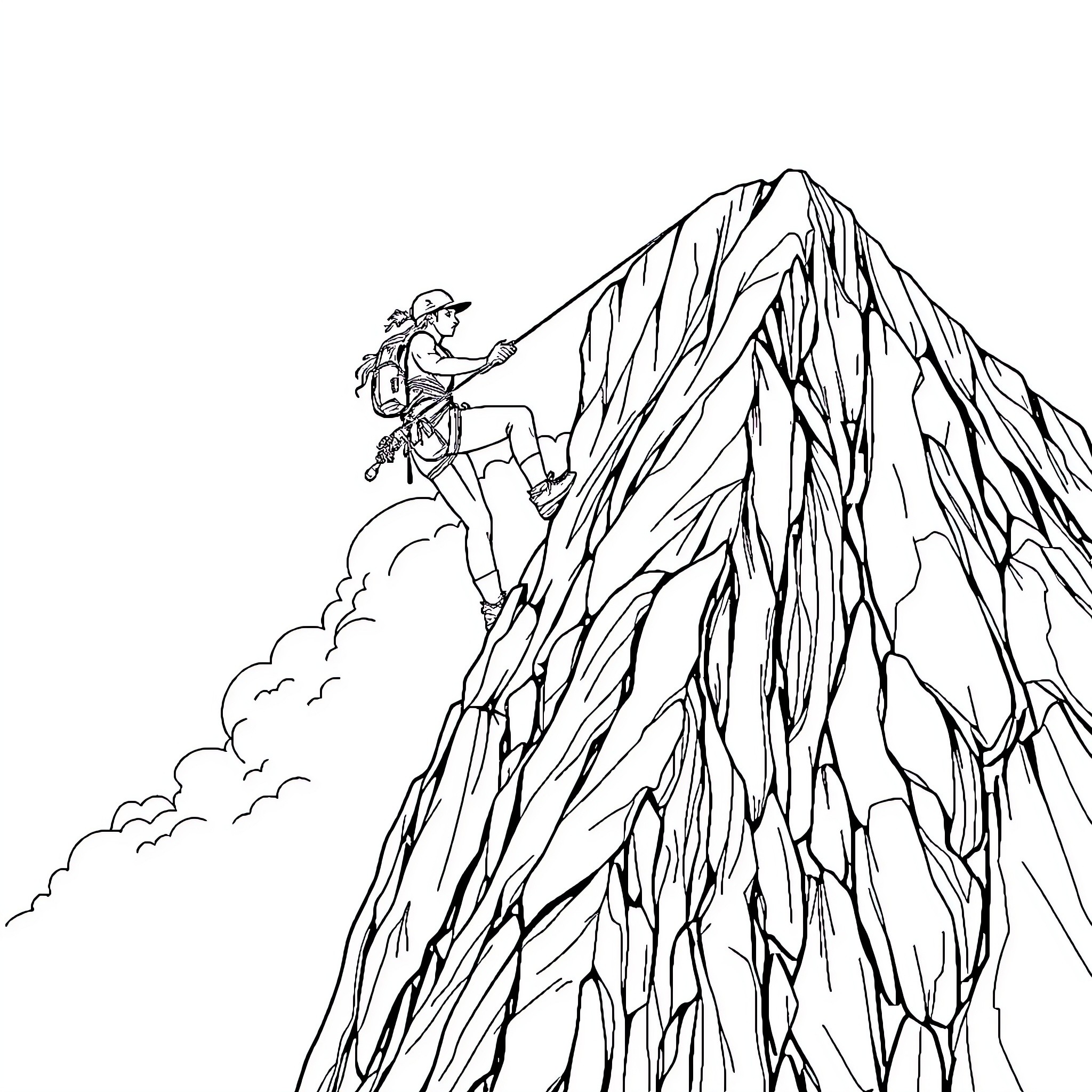 Climber ascending a rugged mountain peak Coloring Page (free black-and-white line drawing printable PDF for all, from beginners to advanced learners, including children, teens, adults, and seniors)