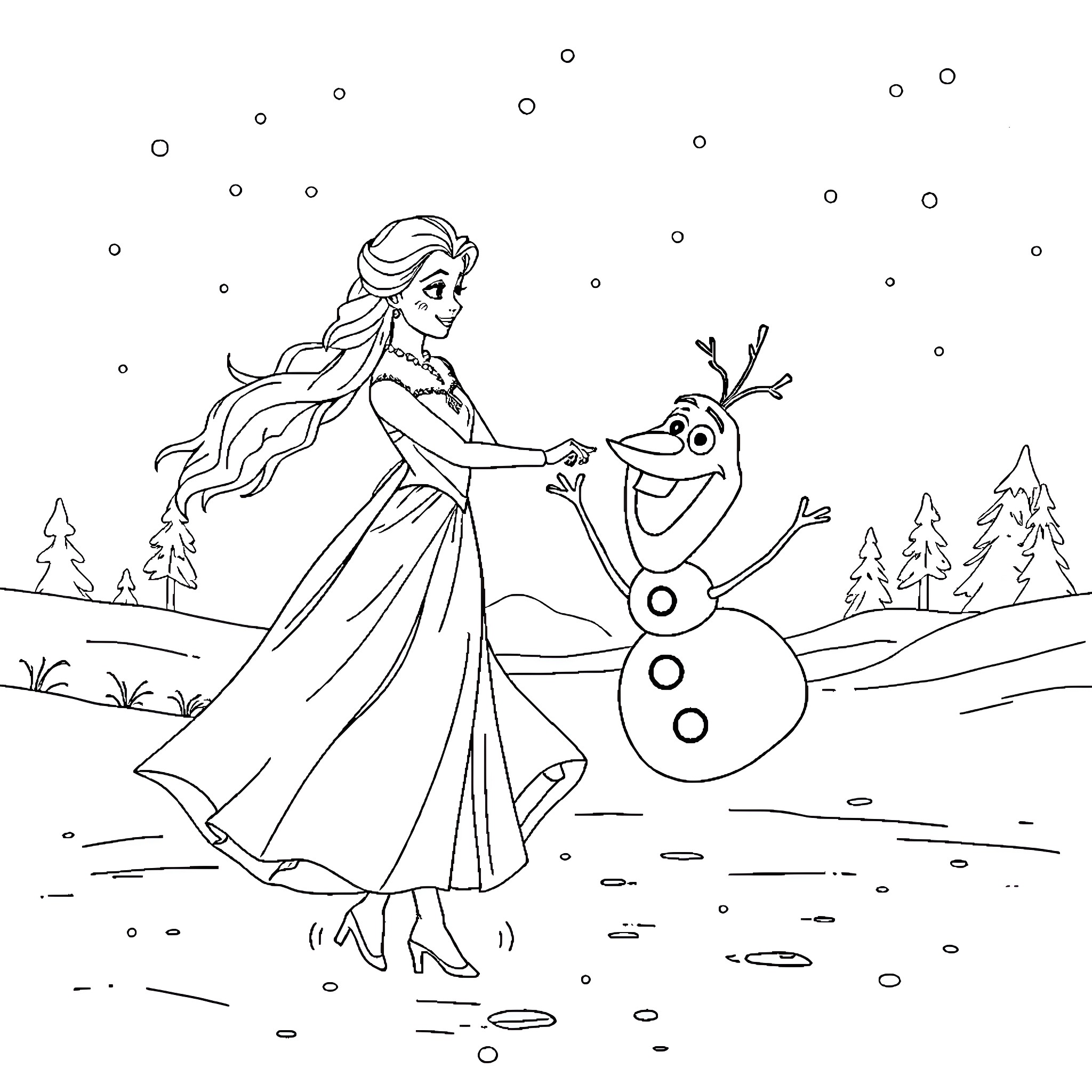 Elsa's Snowy Adventure with Olaf Coloring Page (free black-and-white line drawing printable PDF for all, from beginners to advanced learners, including children, teens, adults, and seniors)