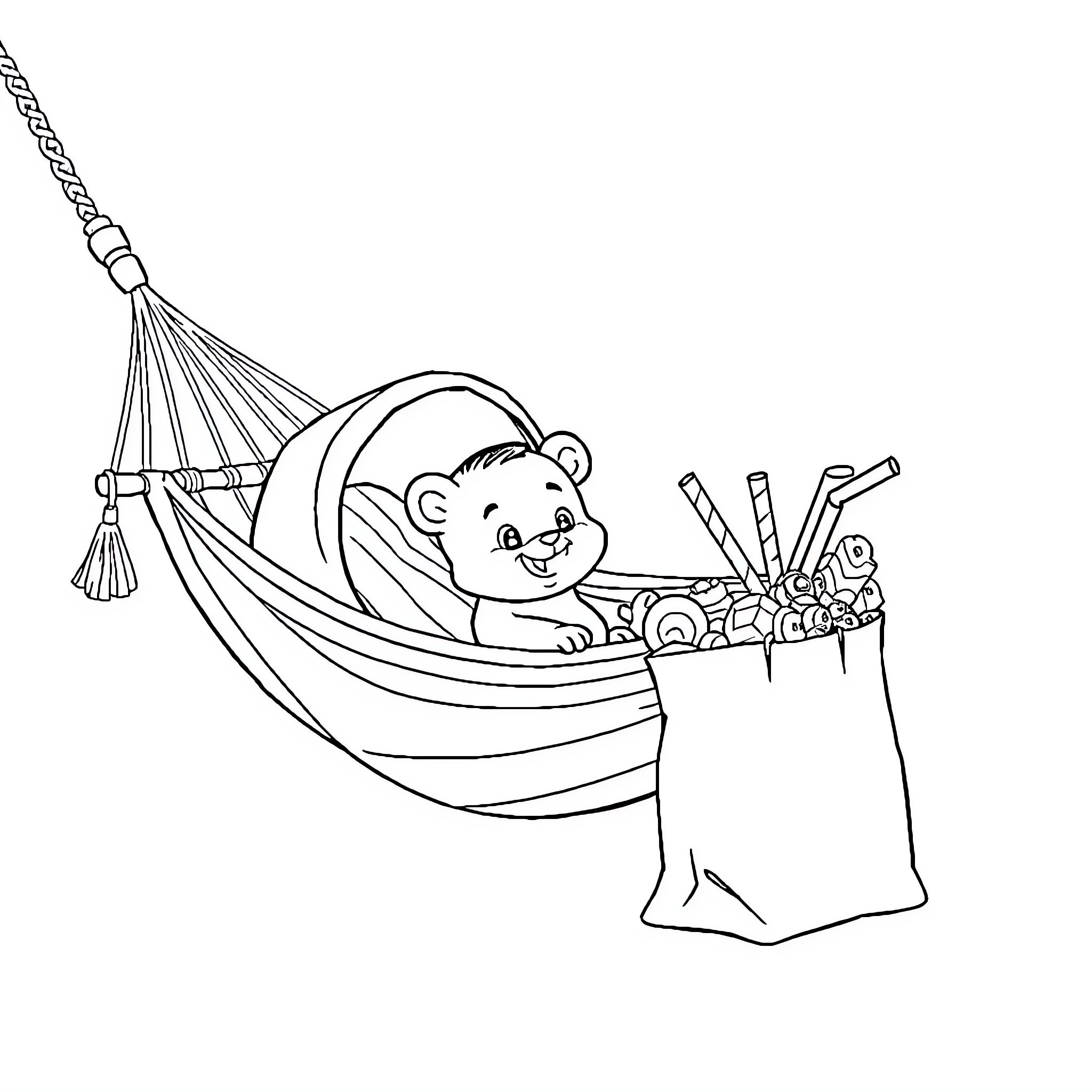 Ronnie relaxing in a hammock with art supplies Coloring Page (free black-and-white line drawing printable PDF for all, from beginners to advanced learners, including children, teens, adults, and seniors)