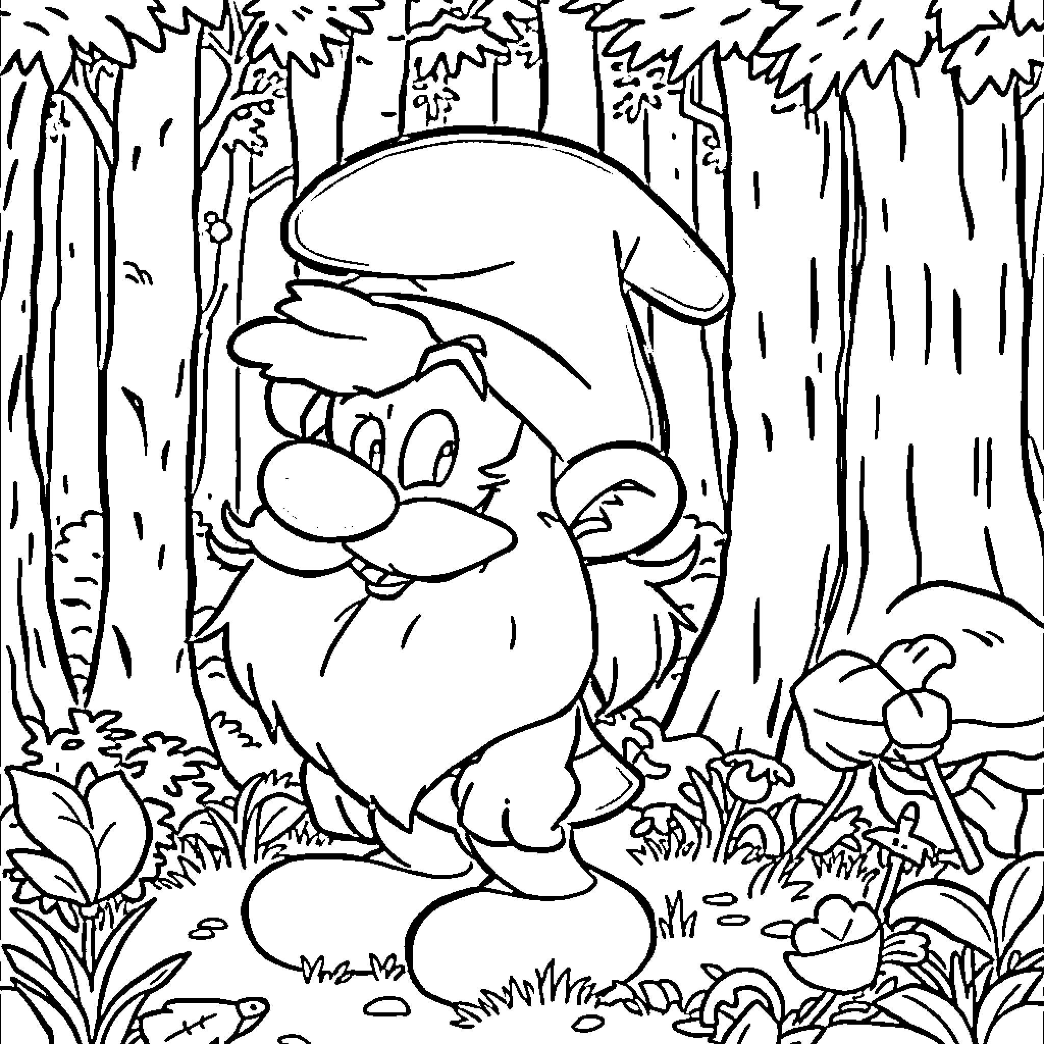 Papa Smurf exploring the whimsical forest Coloring Page (free black-and-white line drawing printable PDF for all, from beginners to advanced learners, including children, teens, adults, and seniors)