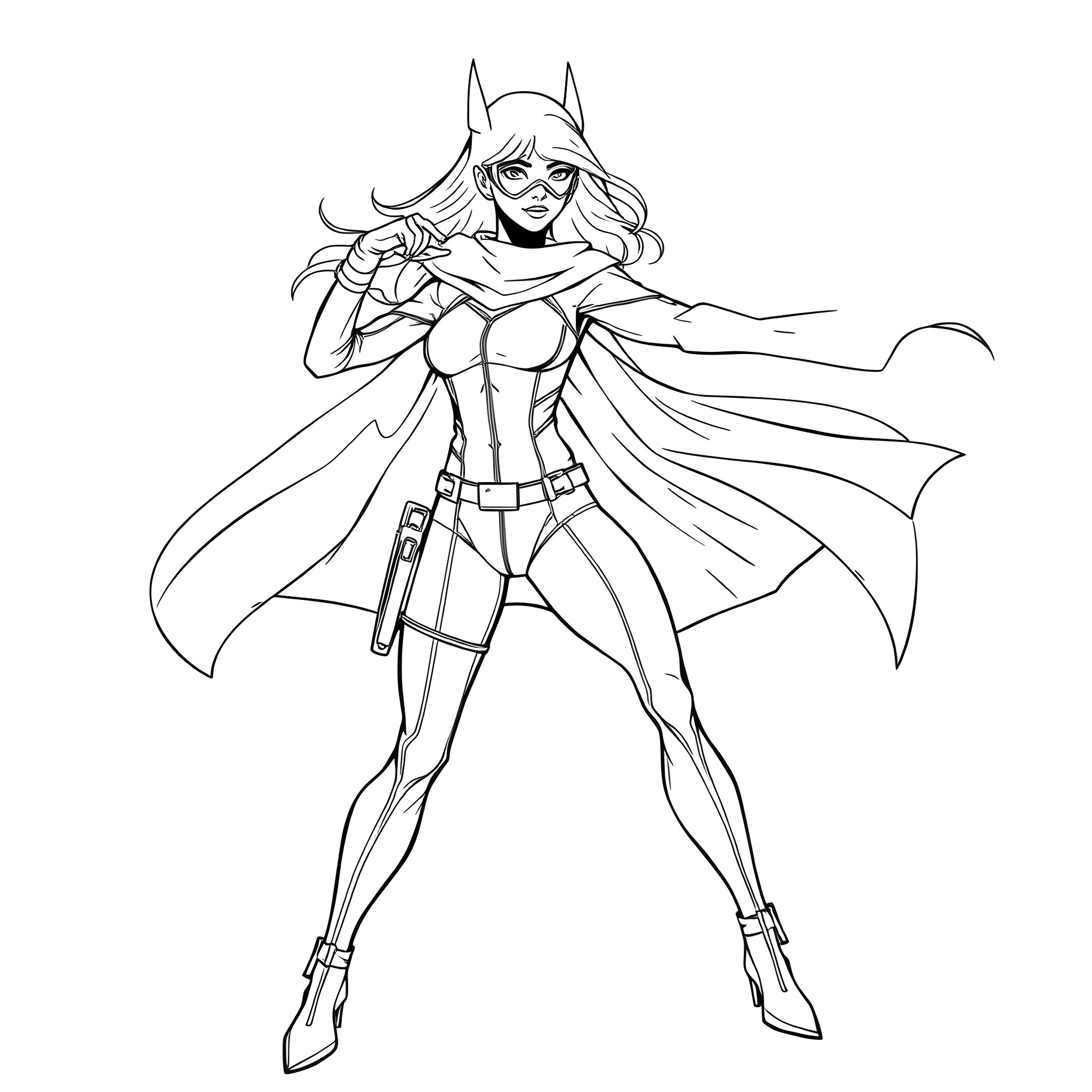 Superheroine in dynamic battle pose Coloring Page (free black-and-white line drawing printable PDF for all, from beginners to advanced learners, including children, teens, adults, and seniors)
