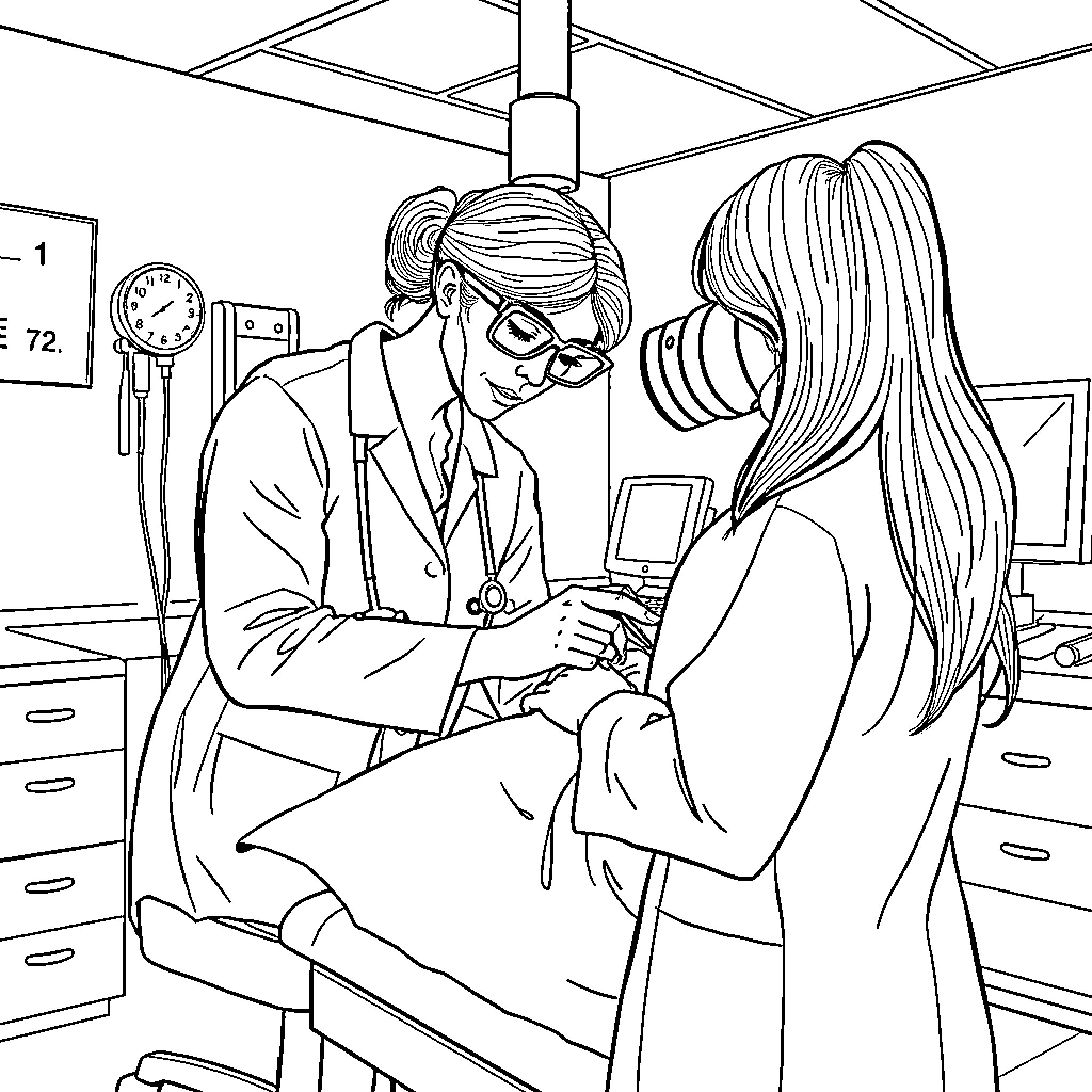 Doctor Examining Patient in Examination Room Coloring Page (free black-and-white line drawing printable PDF for all, from beginners to advanced learners, including children, teens, adults, and seniors)