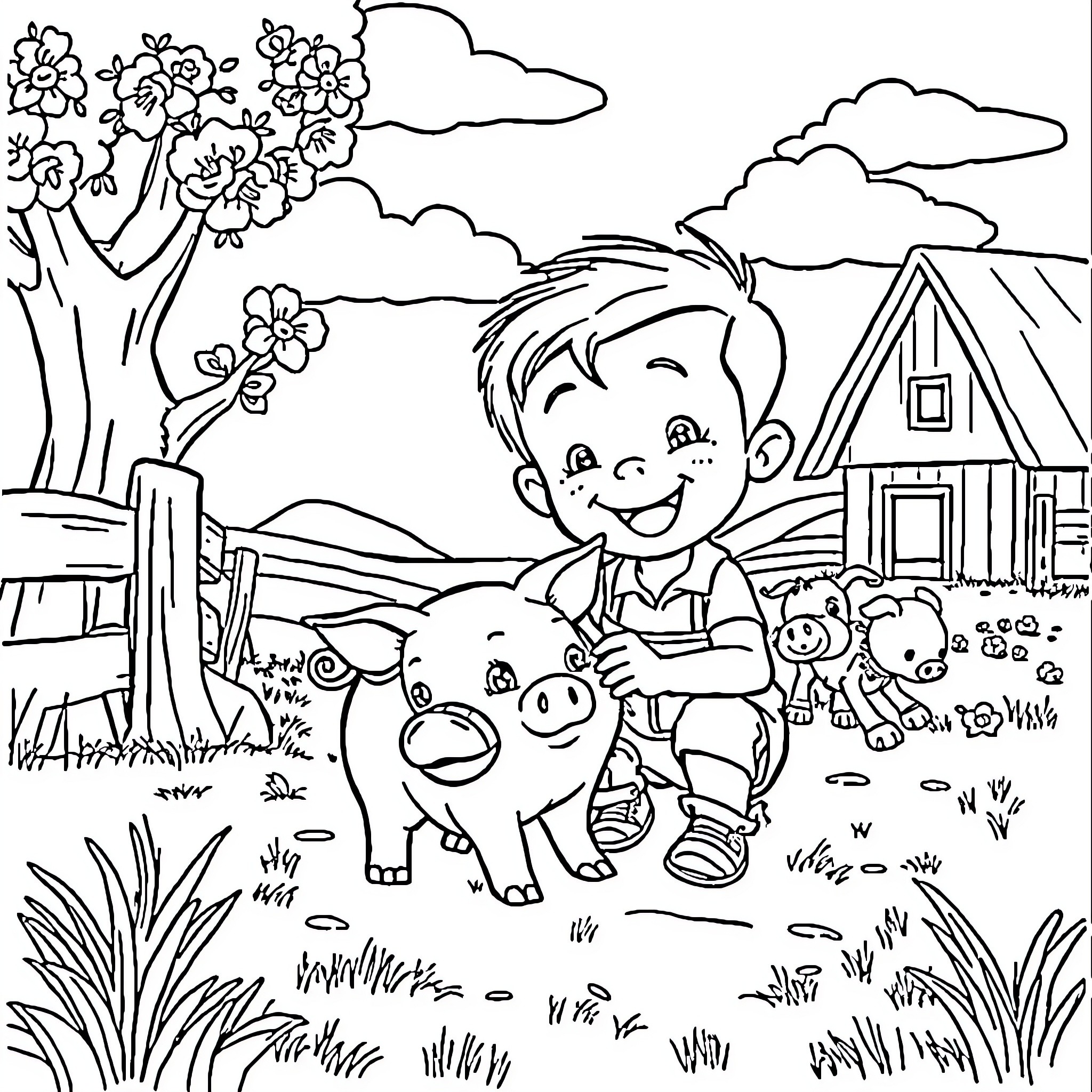 Boy playing with animals on the farm Coloring Page (free black-and-white line drawing printable PDF for all, from beginners to advanced learners, including children, teens, adults, and seniors)