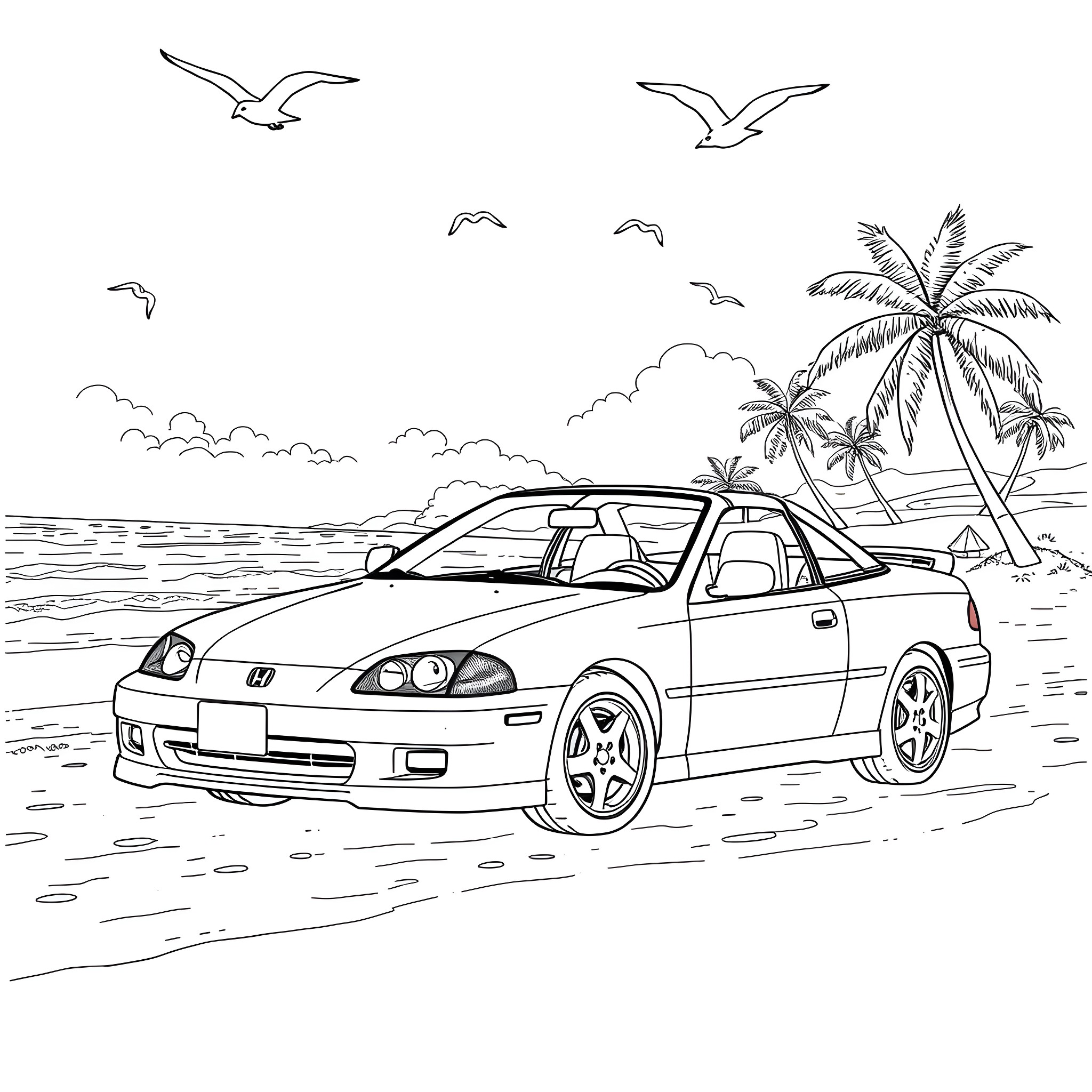 Honda sports car on the beach with palm trees Coloring Page (free black-and-white line drawing printable PDF for all, from beginners to advanced learners, including children, teens, adults, and seniors)