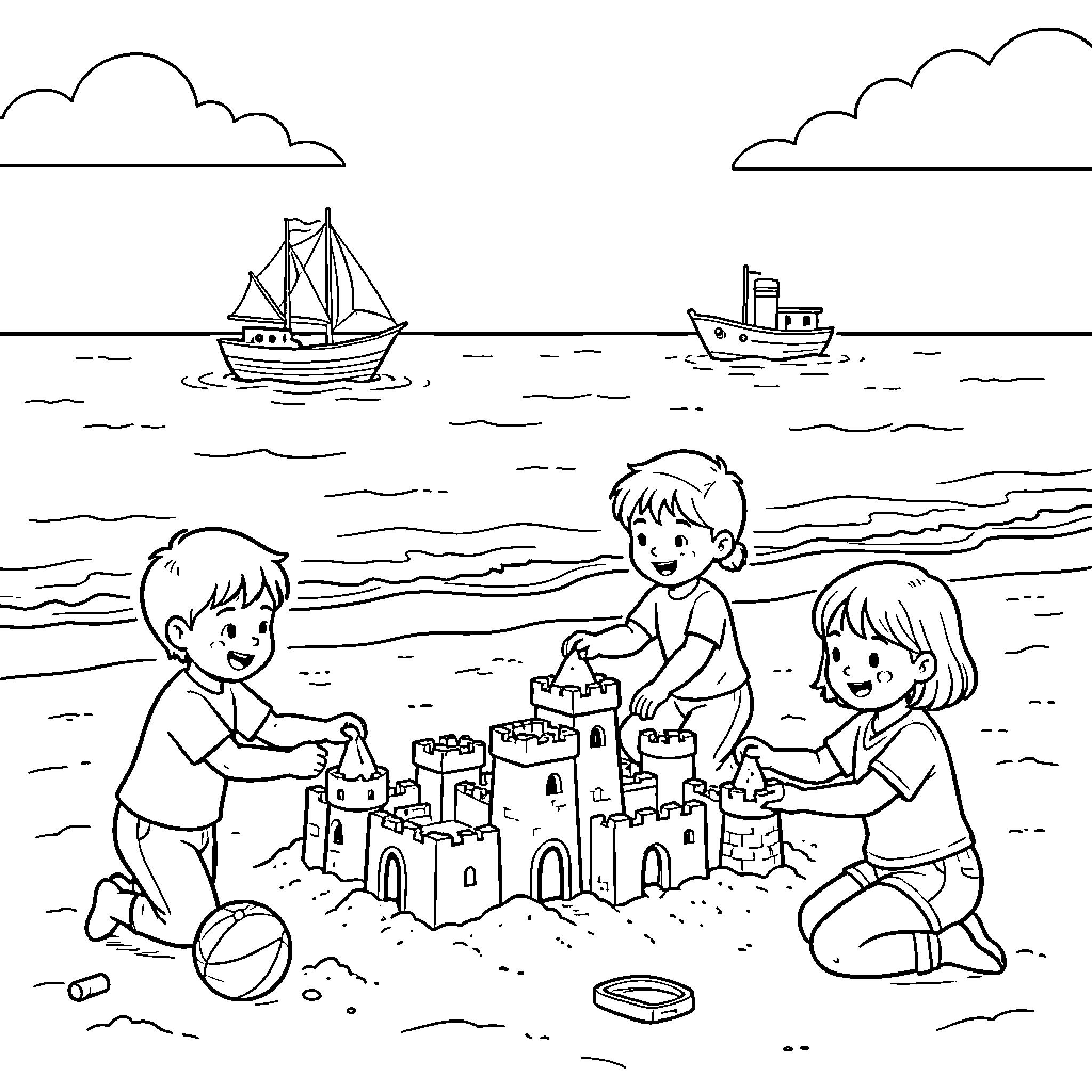 Plage scene with children building a sandcastle Coloring Page (free black-and-white line drawing printable PDF for all, from beginners to advanced learners, including children, teens, adults, and seniors)