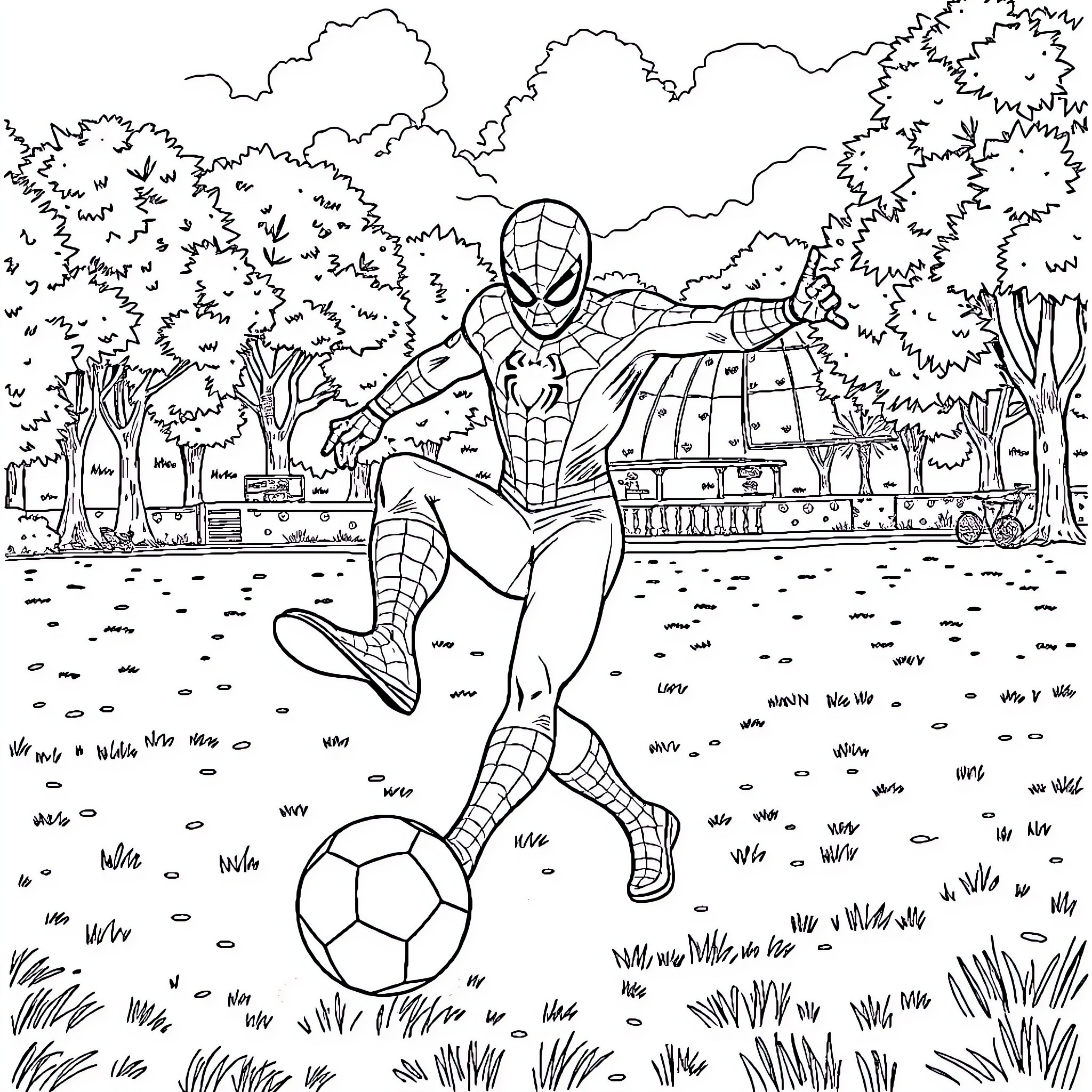 Spiderman playing with soccer ball in the park Coloring Page (free black-and-white line drawing printable PDF for all, from beginners to advanced learners, including children, teens, adults, and seniors)