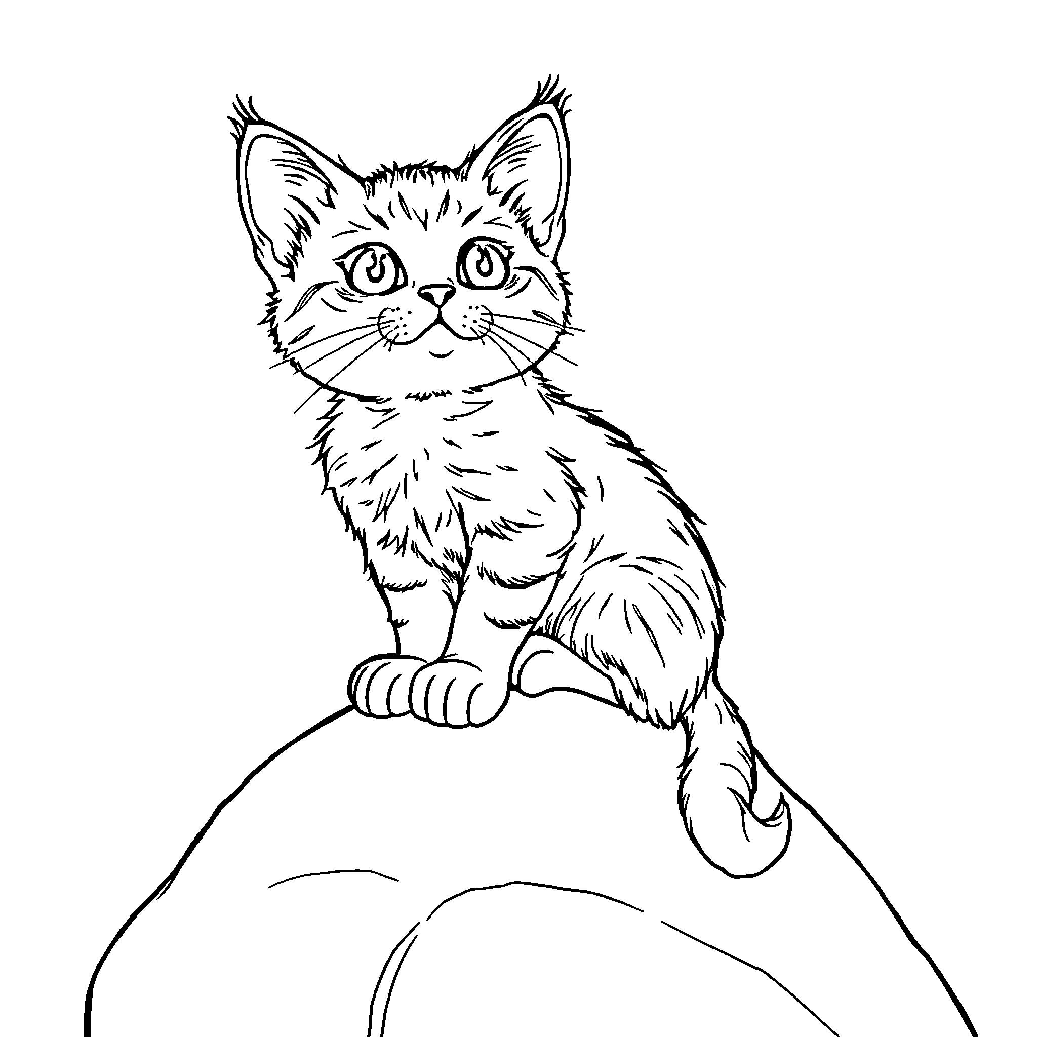 Cat on a hill Coloring Page (free black-and-white line drawing printable PDF for all, from beginners to advanced learners, including children, teens, adults, and seniors)