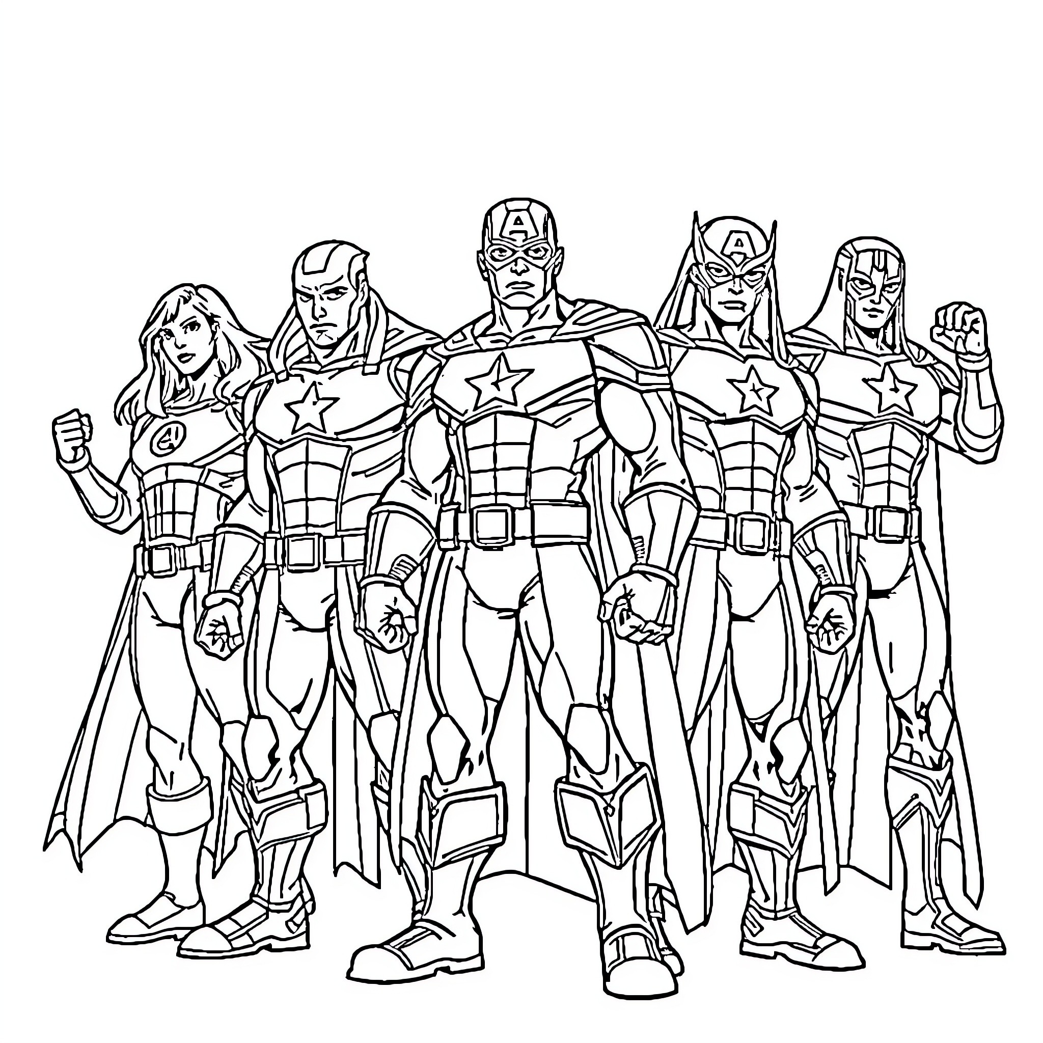 Avengers assembling for heroic action Coloring Page (free black-and-white line drawing printable PDF for all, from beginners to advanced learners, including children, teens, adults, and seniors)