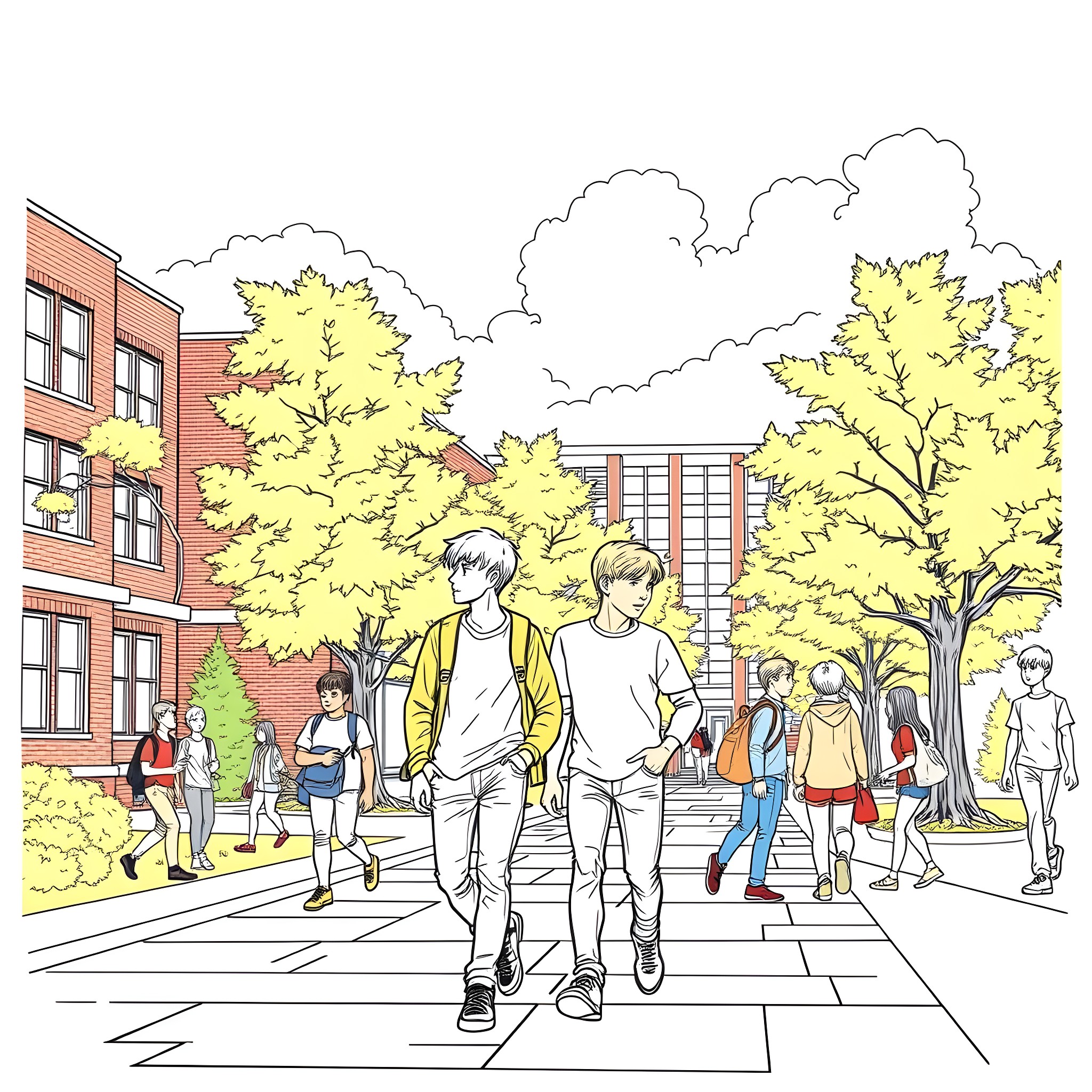 Teen Guy Walking with Friends on School Campus Coloring Page (free black-and-white line drawing printable PDF for all, from beginners to advanced learners, including children, teens, adults, and seniors)