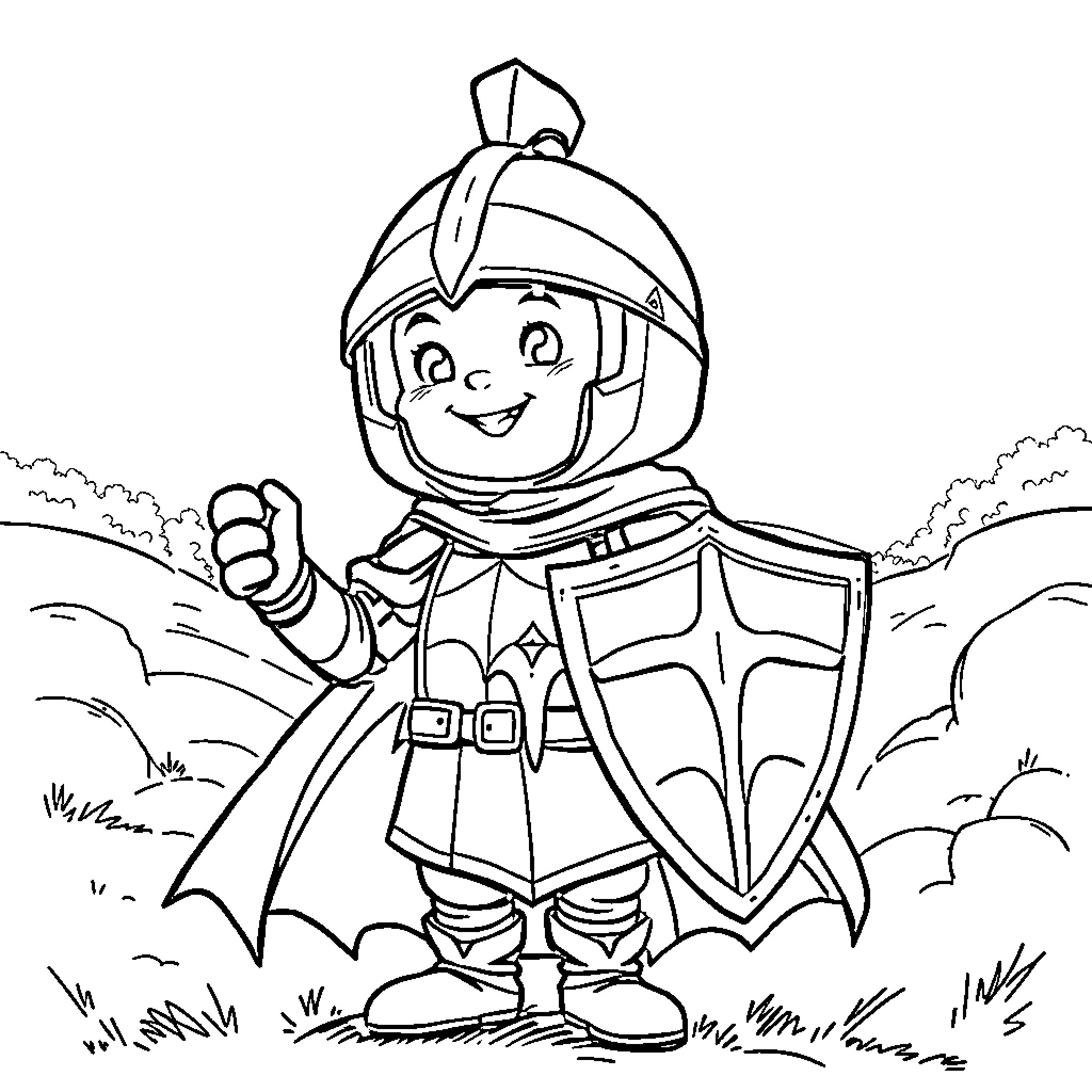 Knight in Shining Armor Bravely Stands Guard Coloring Page (free black-and-white line drawing printable PDF for all, from beginners to advanced learners, including children, teens, adults, and seniors)