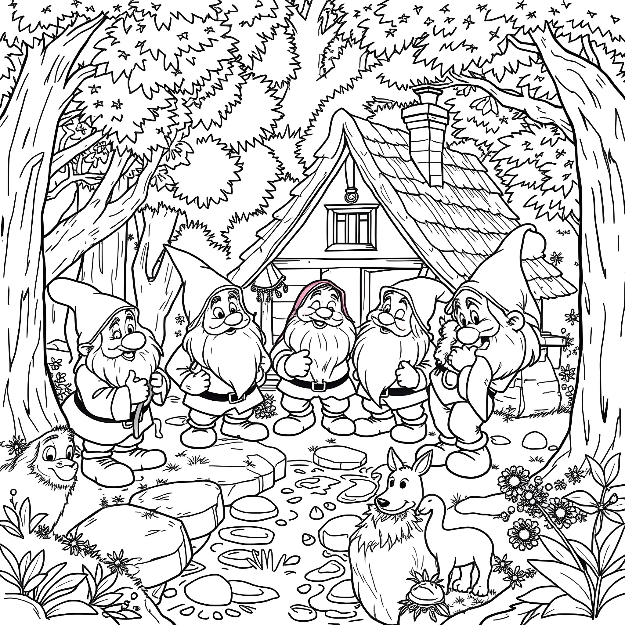 Dwarf Gathering in the Enchanted Forest Coloring Page (free black-and-white line drawing printable PDF for all, from beginners to advanced learners, including children, teens, adults, and seniors)