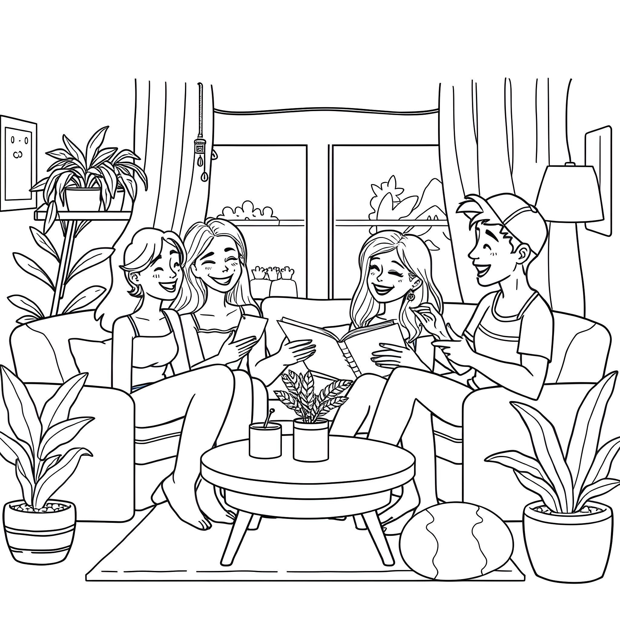 Friends Enjoying Casual Conversation in Cozy Living Room Coloring Page (free black-and-white line drawing printable PDF for all, from beginners to advanced learners, including children, teens, adults, and seniors)
