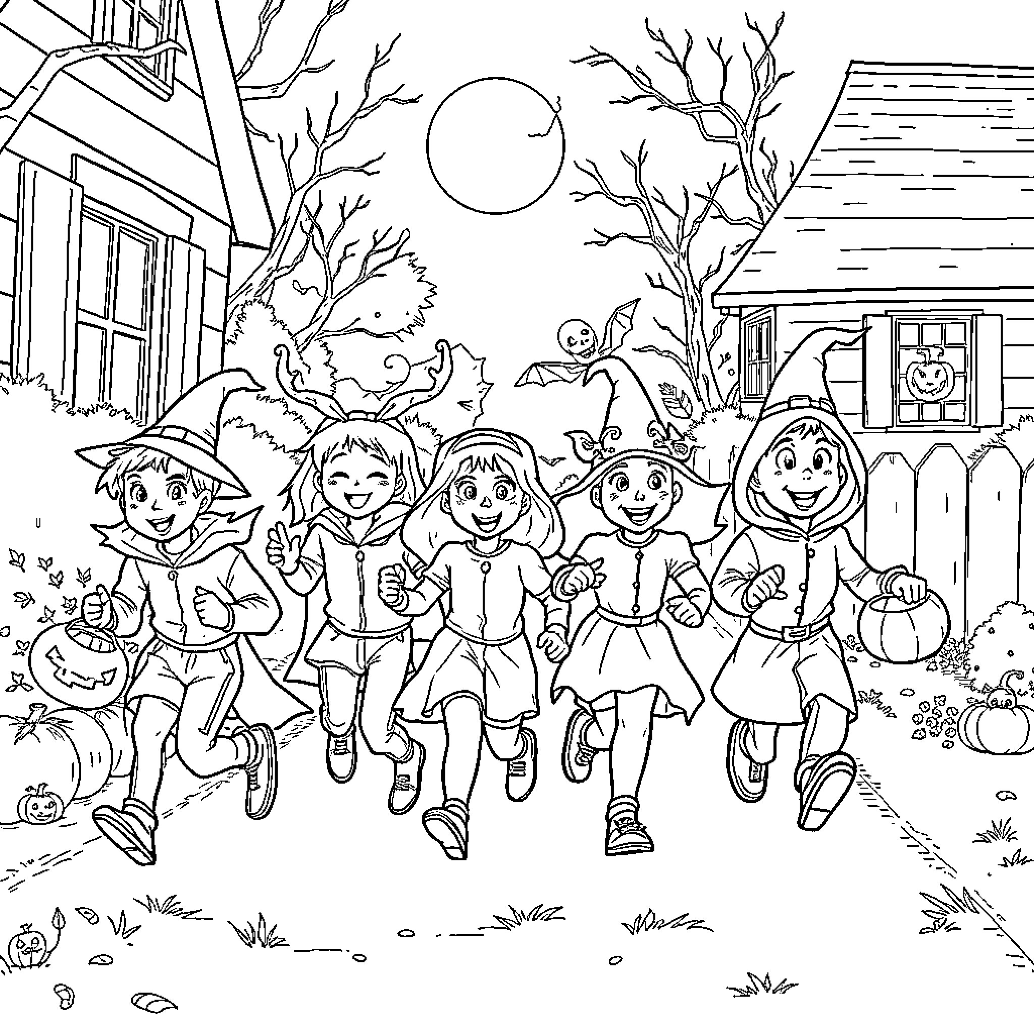 Trick or Treaters going on a Halloween adventure Coloring Page (free black-and-white line drawing printable PDF for all, from beginners to advanced learners, including children, teens, adults, and seniors)