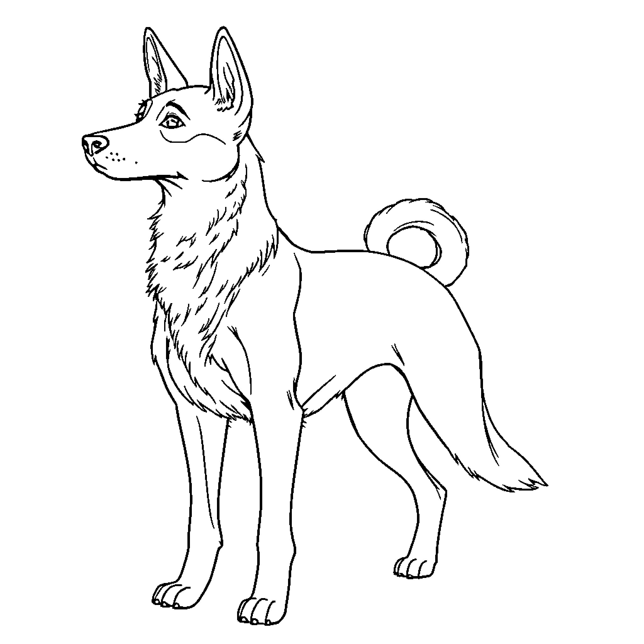 Humanoid Dog Standing Tall and Alert Coloring Page (free black-and-white line drawing printable PDF for all, from beginners to advanced learners, including children, teens, adults, and seniors)