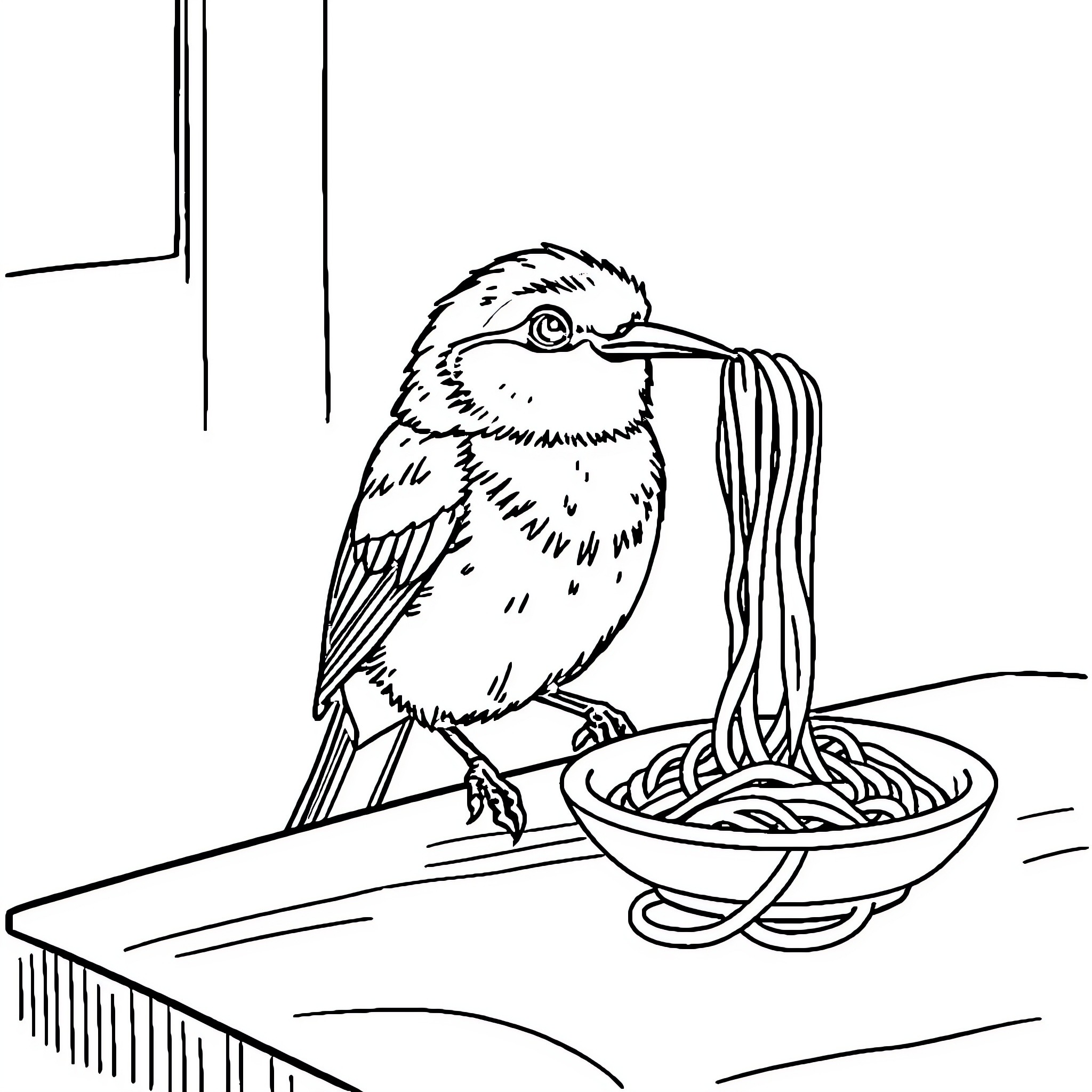 Bird enjoying a tasty meal in the kitchen Coloring Page (free black-and-white line drawing printable PDF for all, from beginners to advanced learners, including children, teens, adults, and seniors)