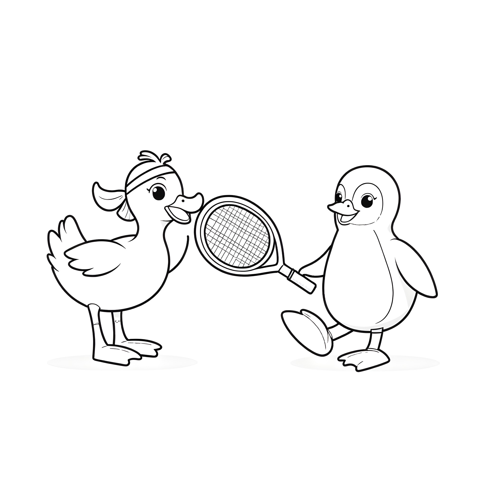 Duck playing with a penguin using a tennis racket Coloring Page (free black-and-white line drawing printable PDF for all, from beginners to advanced learners, including children, teens, adults, and seniors)