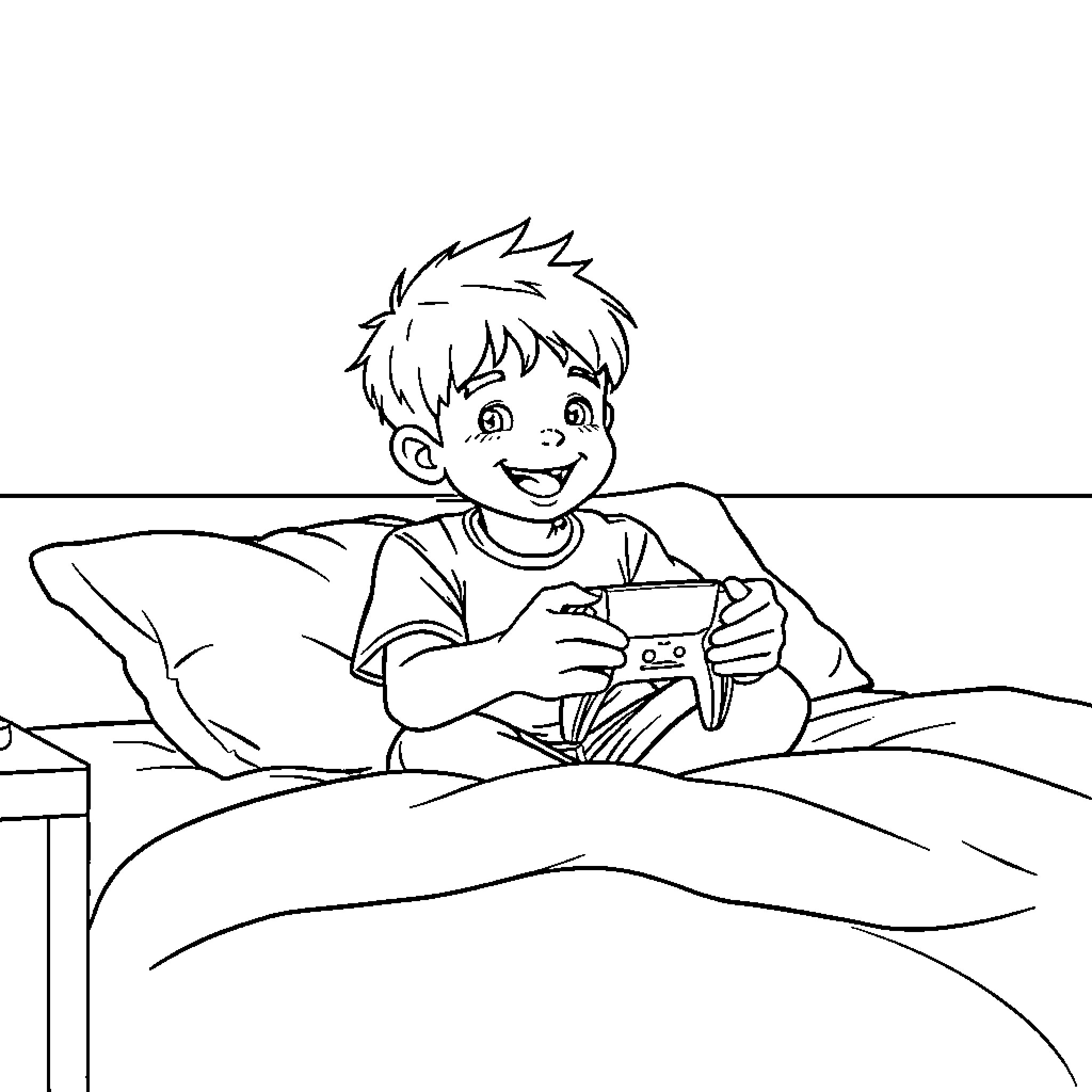 Kid playing video games in bed Coloring Page (free black-and-white line drawing printable PDF for all, from beginners to advanced learners, including children, teens, adults, and seniors)