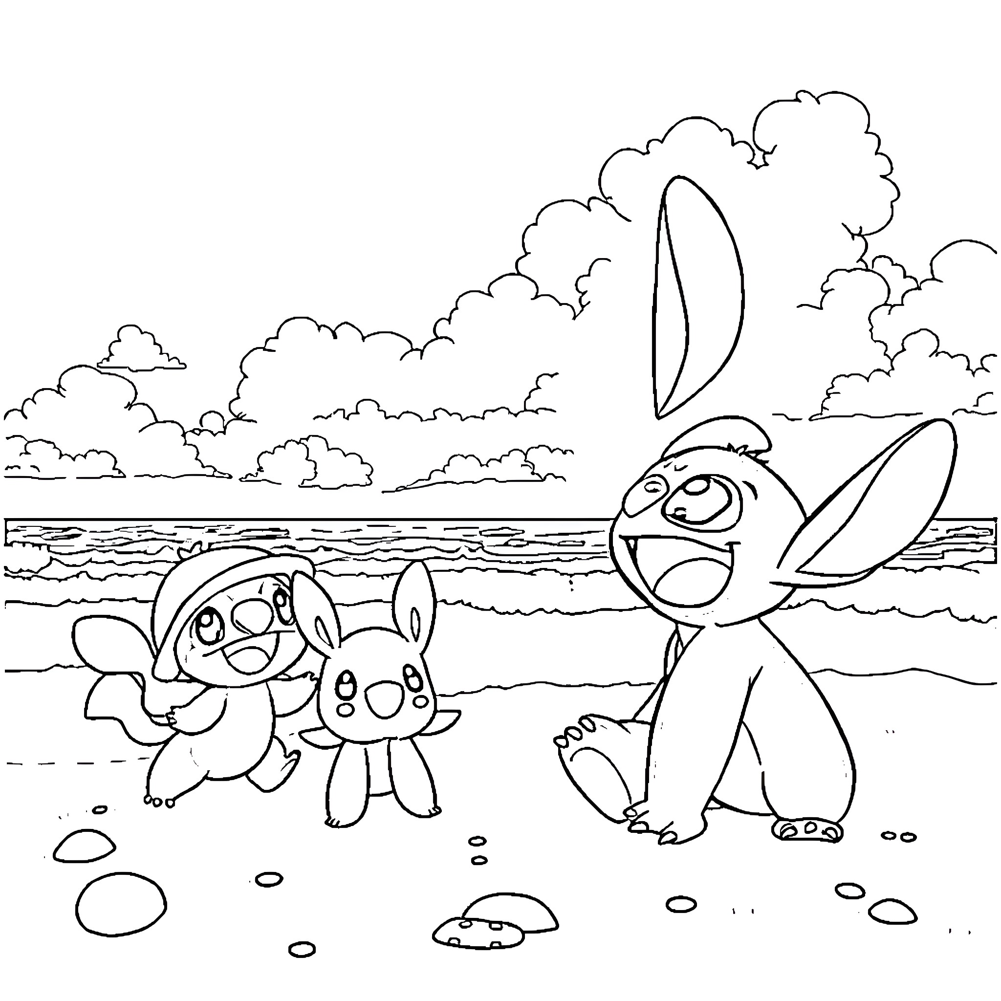 Pokémon friends playing joyfully at the beach Coloring Page (free black-and-white line drawing printable PDF for all, from beginners to advanced learners, including children, teens, adults, and seniors)