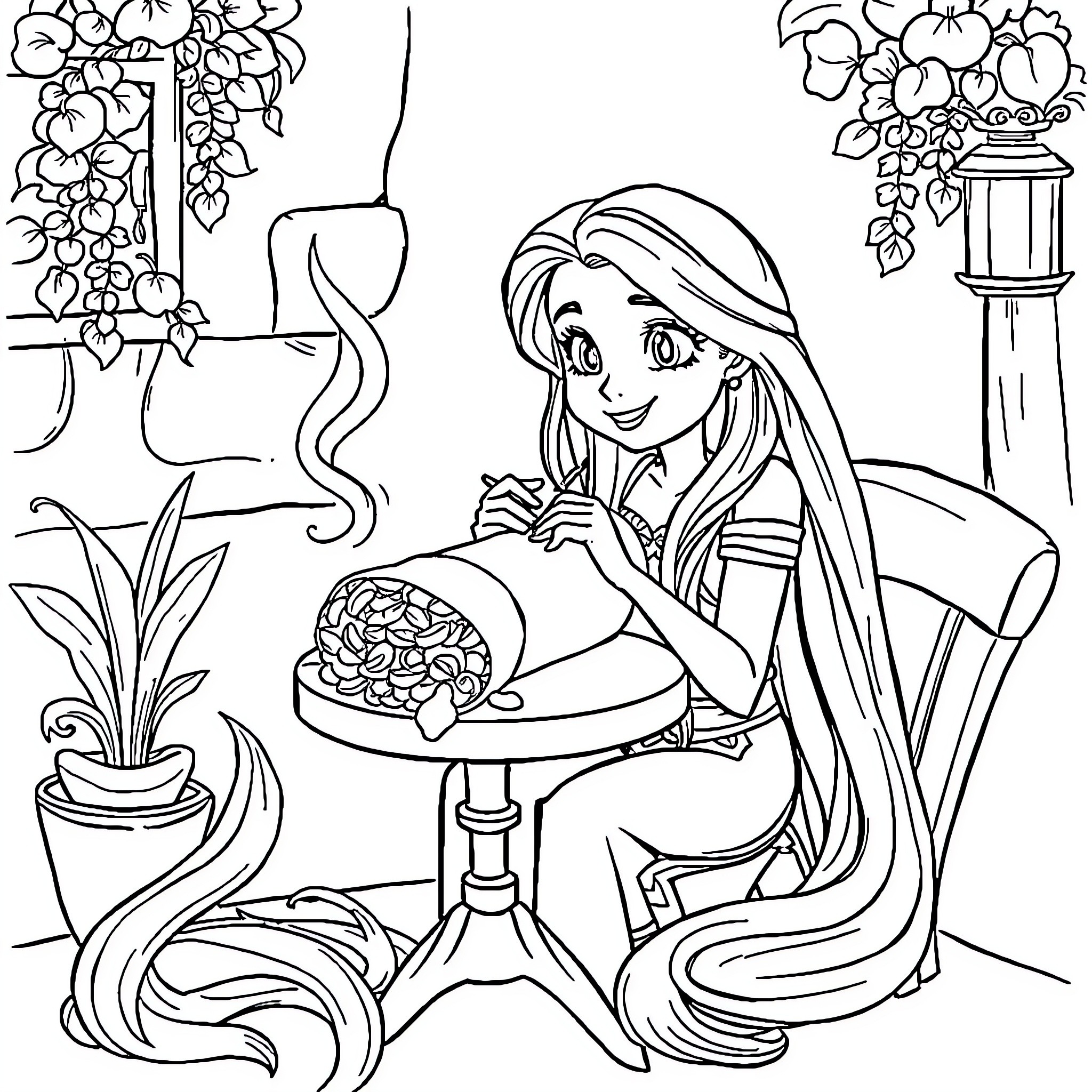 Rapunzel enjoying a tranquil afternoon in her enchanted garden Coloring Page (free black-and-white line drawing printable PDF for all, from beginners to advanced learners, including children, teens, adults, and seniors)