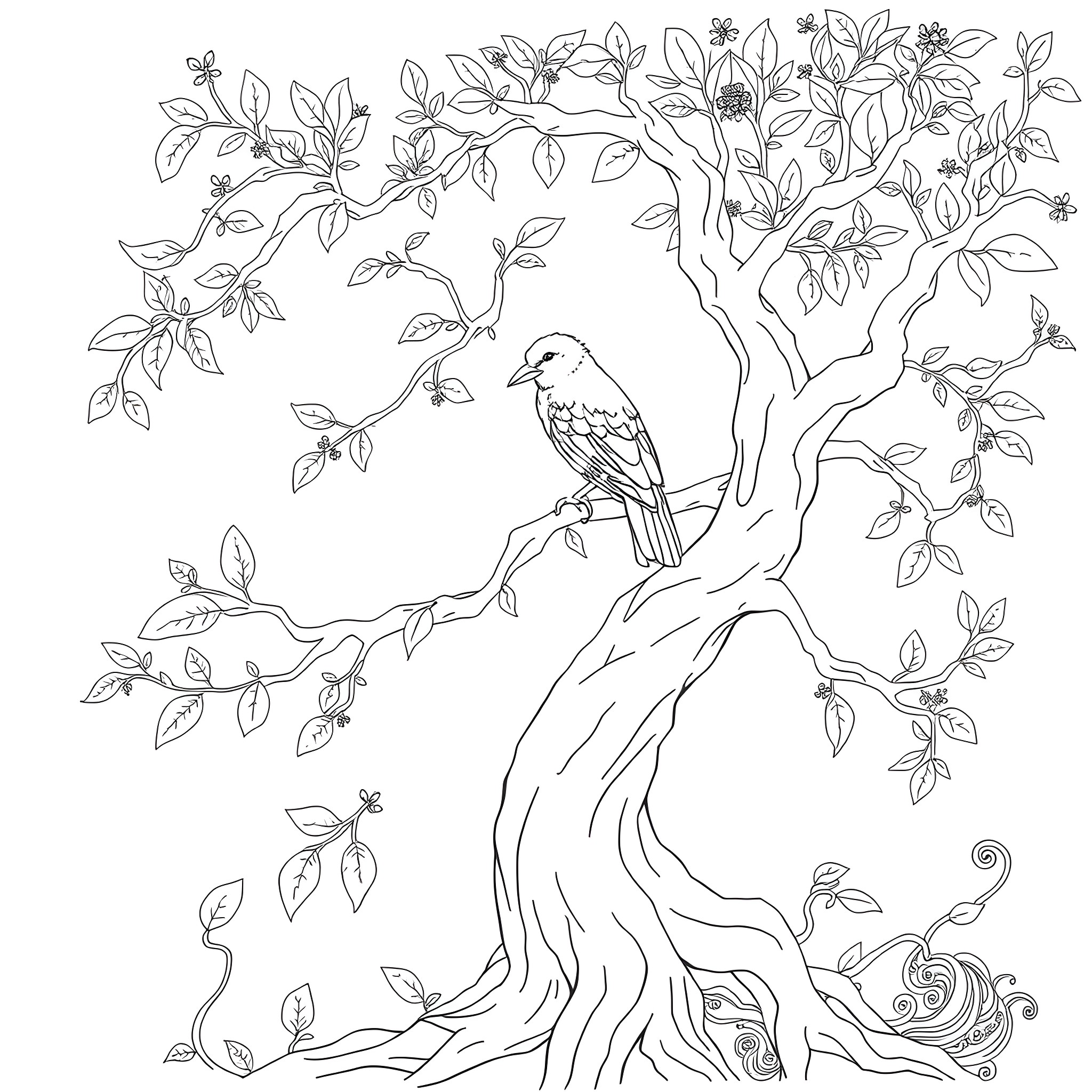 Passerina Cyanea perched on a blooming tree branch Coloring Page (free black-and-white line drawing printable PDF for all, from beginners to advanced learners, including children, teens, adults, and seniors)