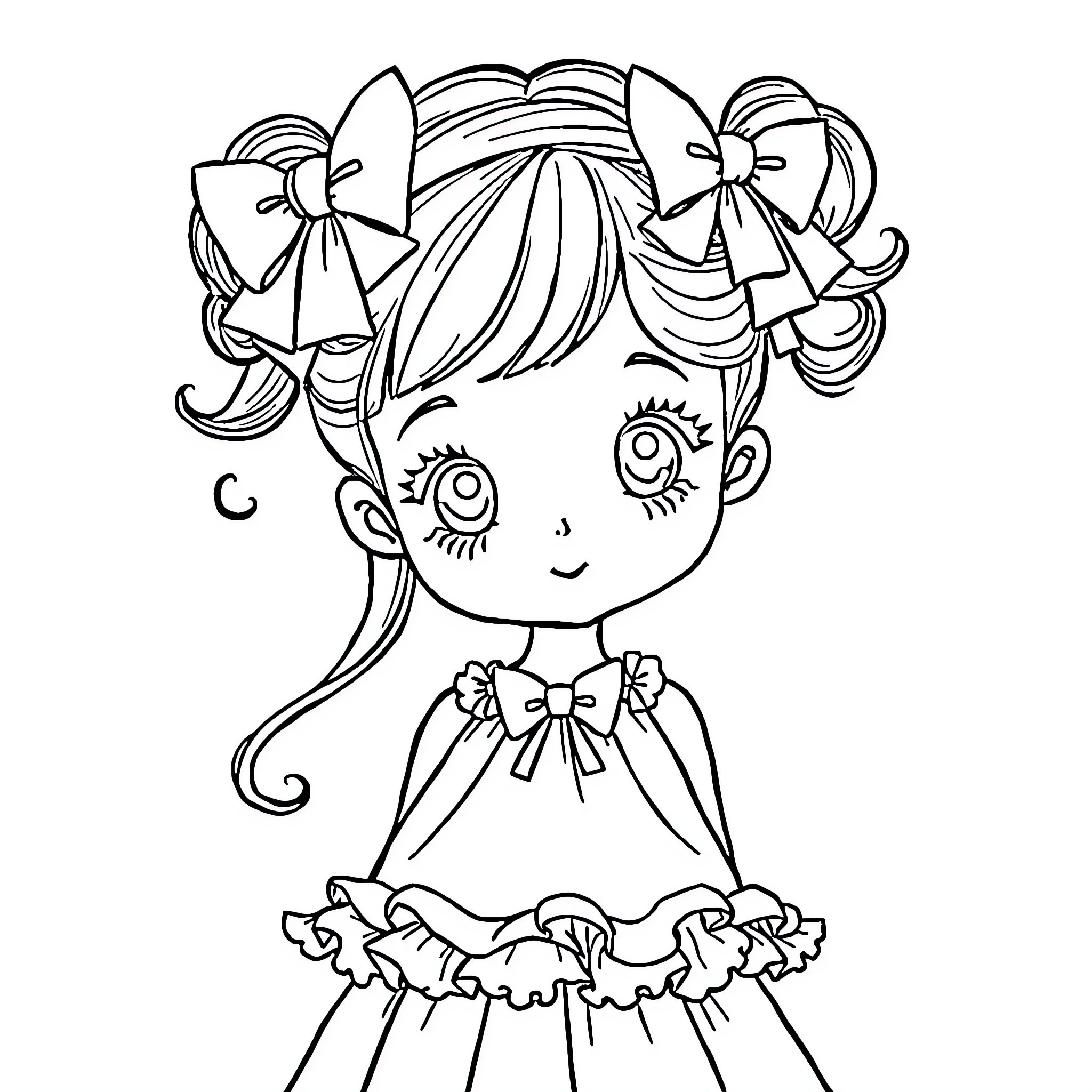 Bow Adorned Girl in Frilly Dress Coloring Page (free black-and-white line drawing printable PDF for all, from beginners to advanced learners, including children, teens, adults, and seniors)