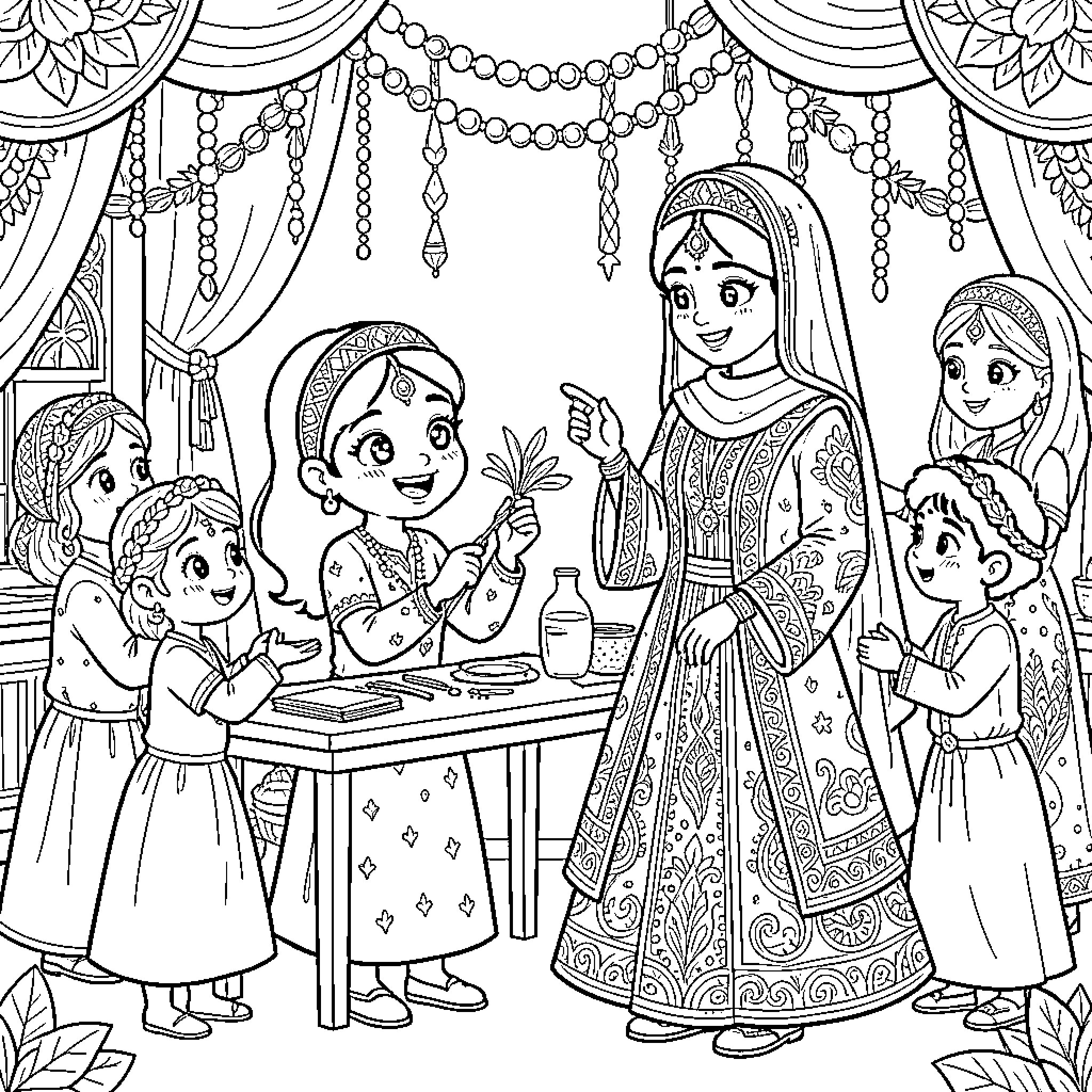 Girl celebrating with family in traditional attire Coloring Page (free black-and-white line drawing printable PDF for all, from beginners to advanced learners, including children, teens, adults, and seniors)