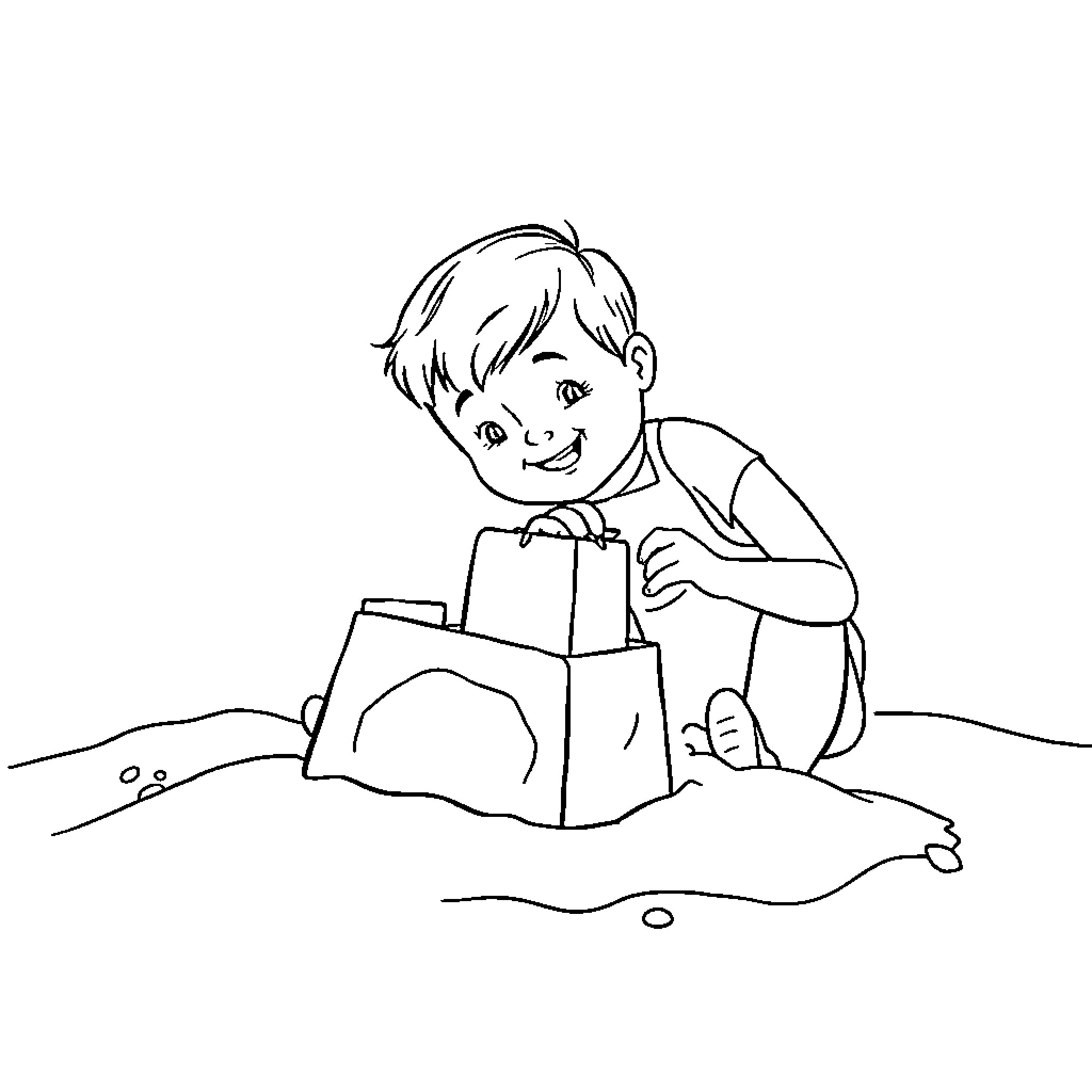 Child building sandcastle on the beach Coloring Page (free black-and-white line drawing printable PDF for all, from beginners to advanced learners, including children, teens, adults, and seniors)