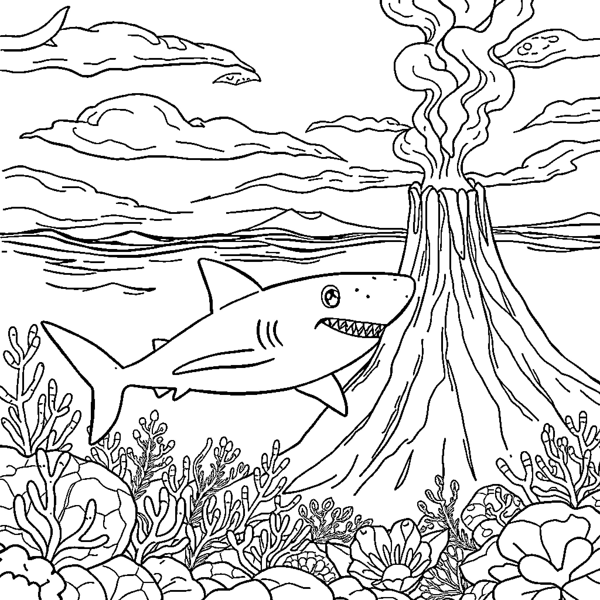 Shark hunting in the volcanic ocean Coloring Page (free black-and-white line drawing printable PDF for all, from beginners to advanced learners, including children, teens, adults, and seniors)