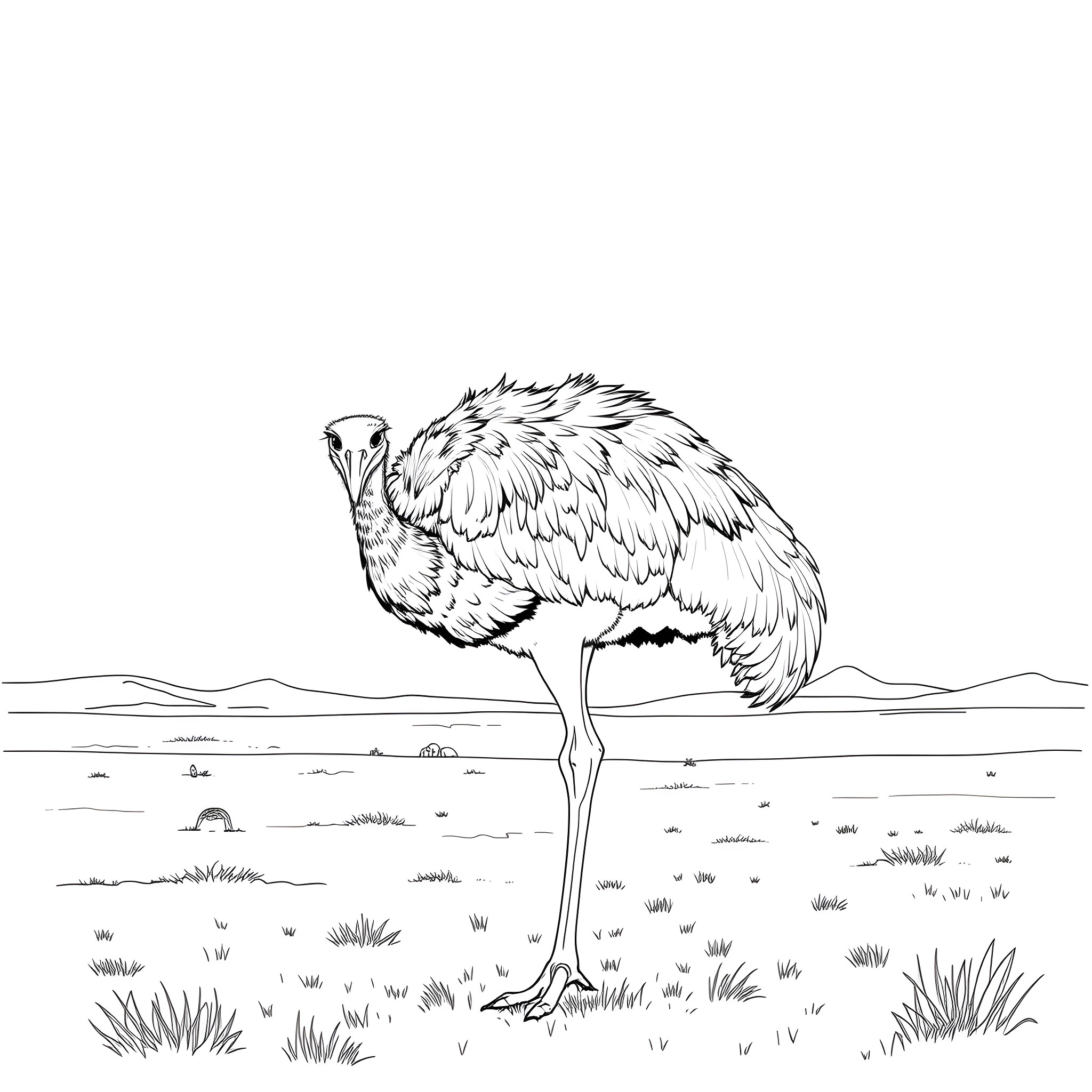 Ostrich standing tall in the grasslands Coloring Page (free black-and-white line drawing printable PDF for all, from beginners to advanced learners, including children, teens, adults, and seniors)